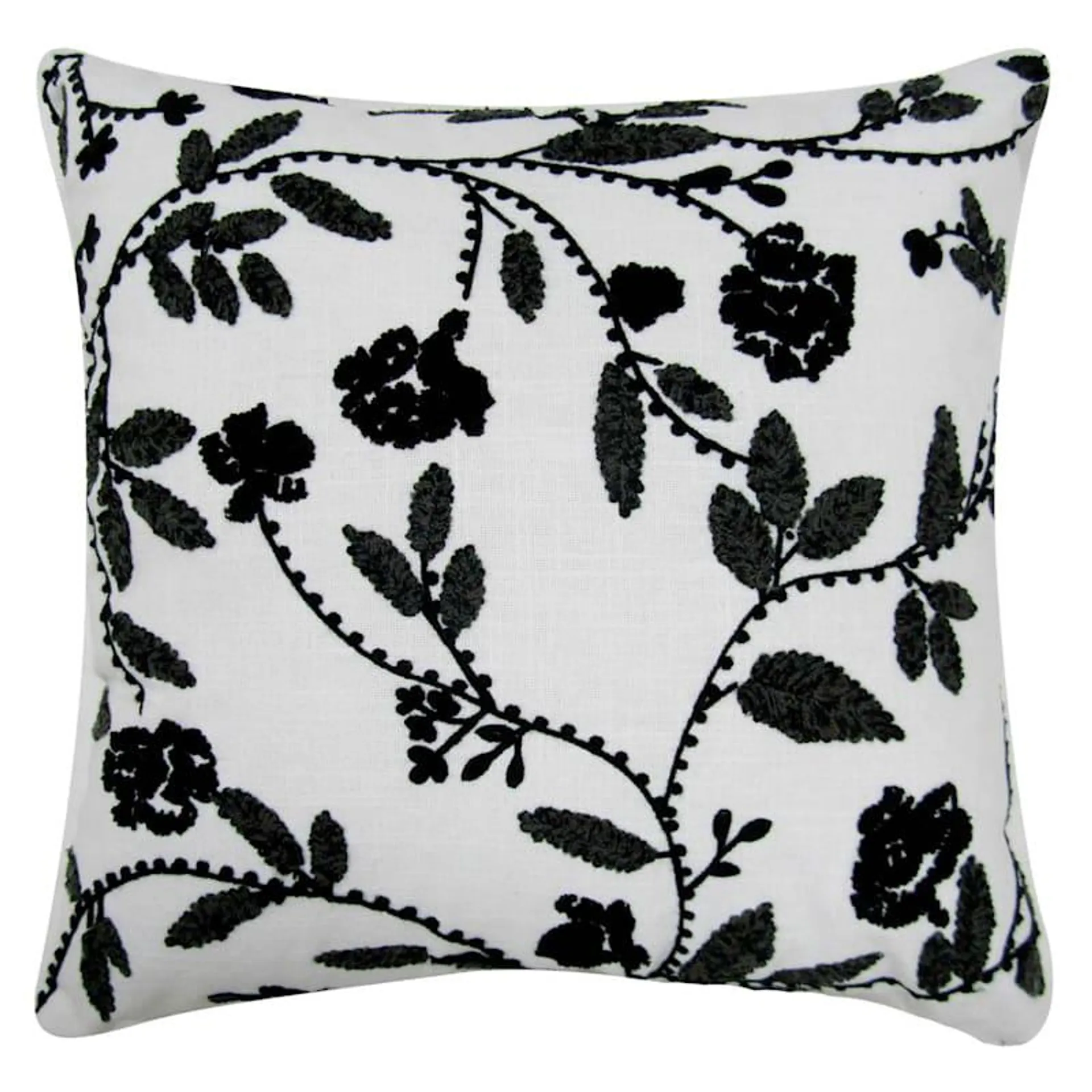 White & Black Floral Embroidered Throw Pillow, 18"