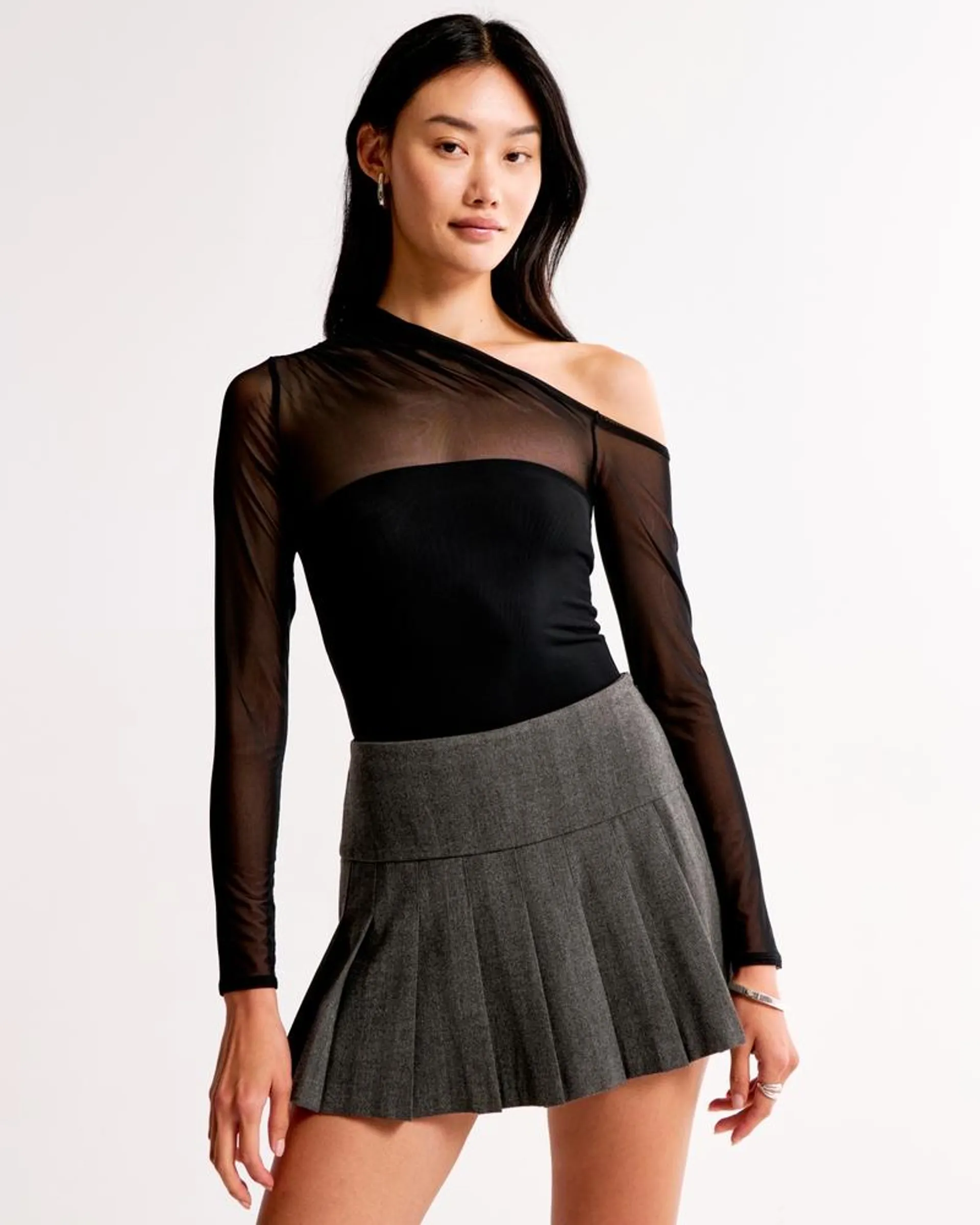 Long-Sleeve Asymmetrical Draped Mesh Bodysuit