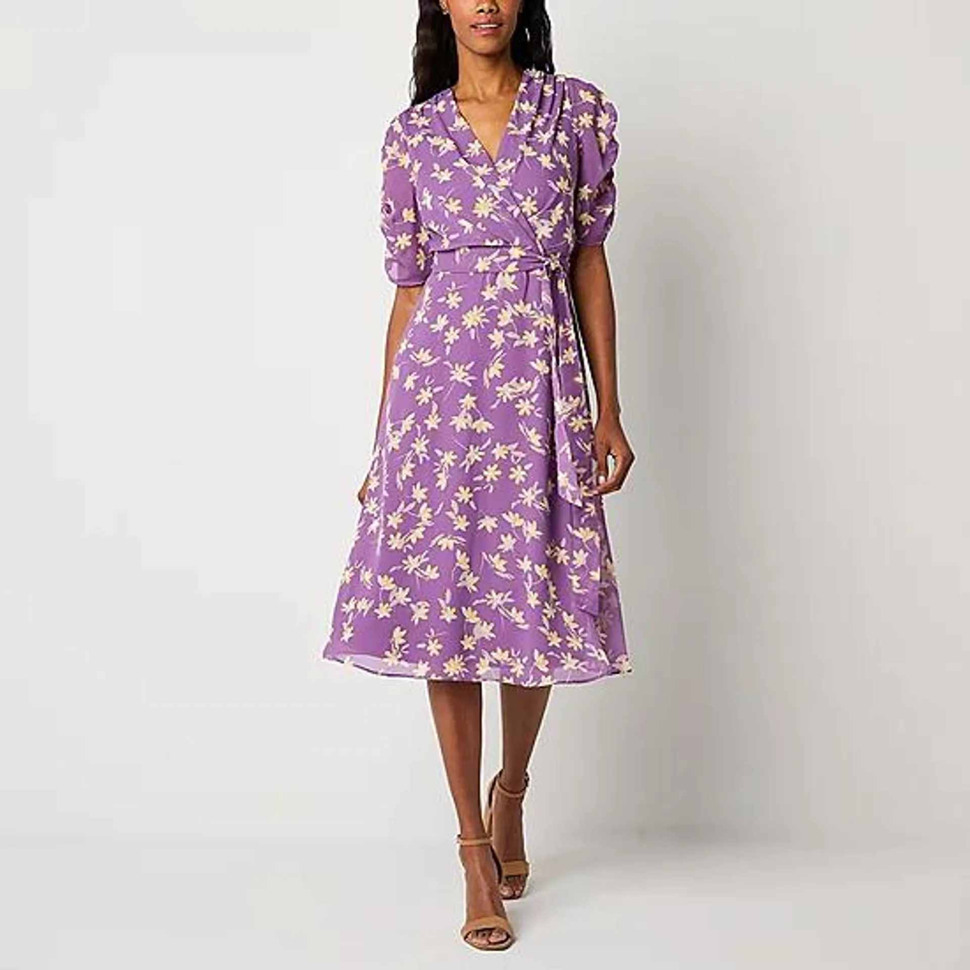 new! Liz Claiborne Short Sleeve Floral Midi A-Line Dress