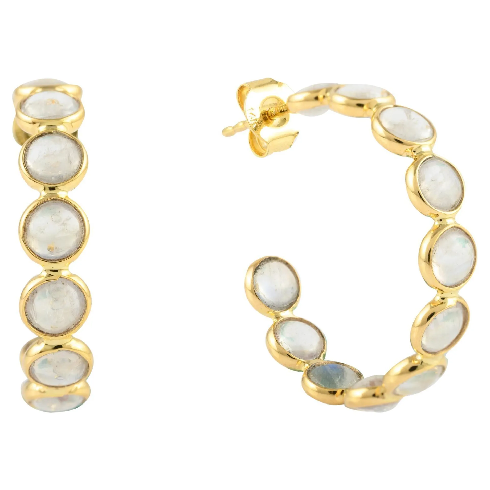 14k Solid Yellow Gold 6.62 Carat Cabochon Rainbow Moonstone Hoop Earrings