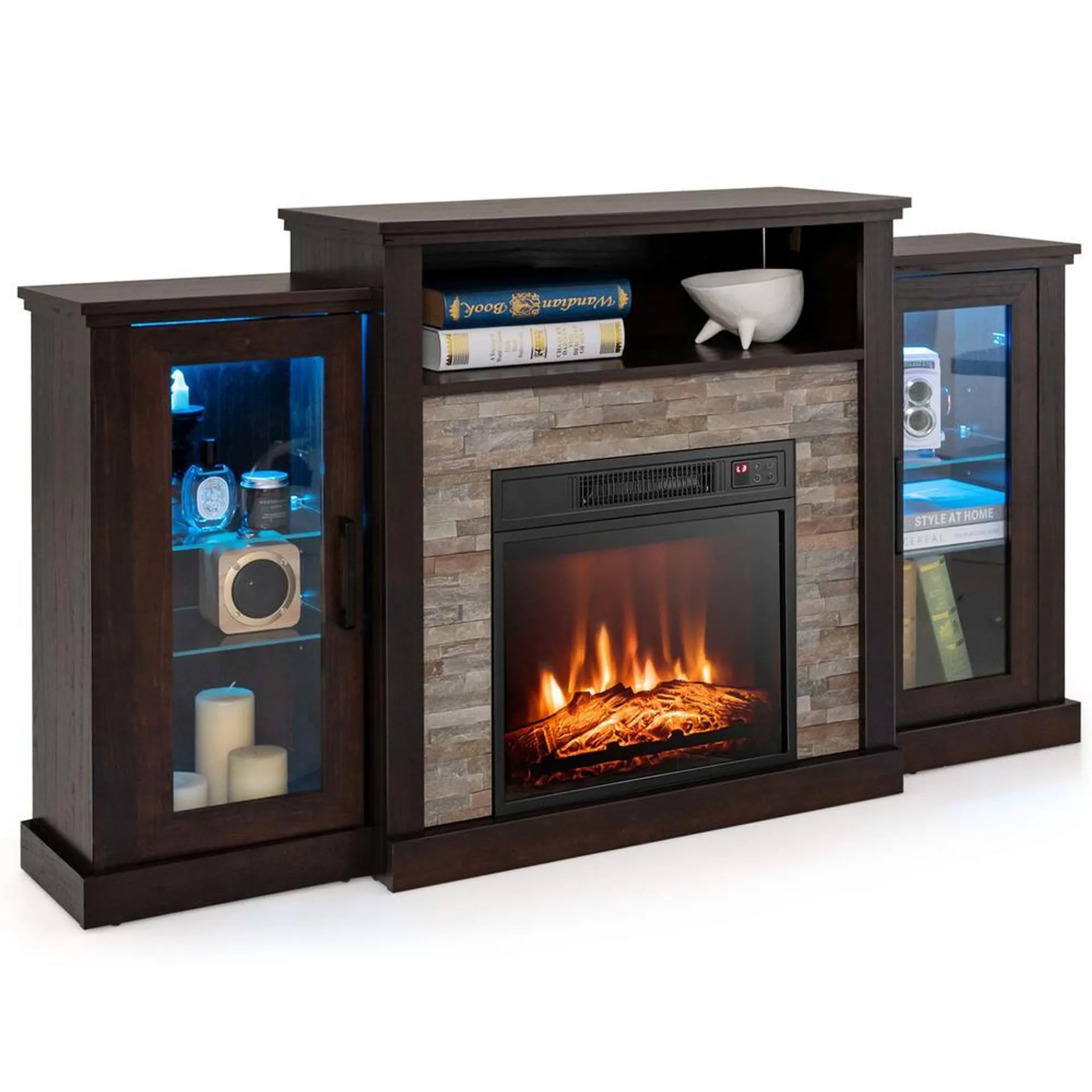 Costway Fireplace TV Stand with Led Lights & 18'' Electric Fireplace For 65" Wall-Mounted TV Dark Brown/Black/White