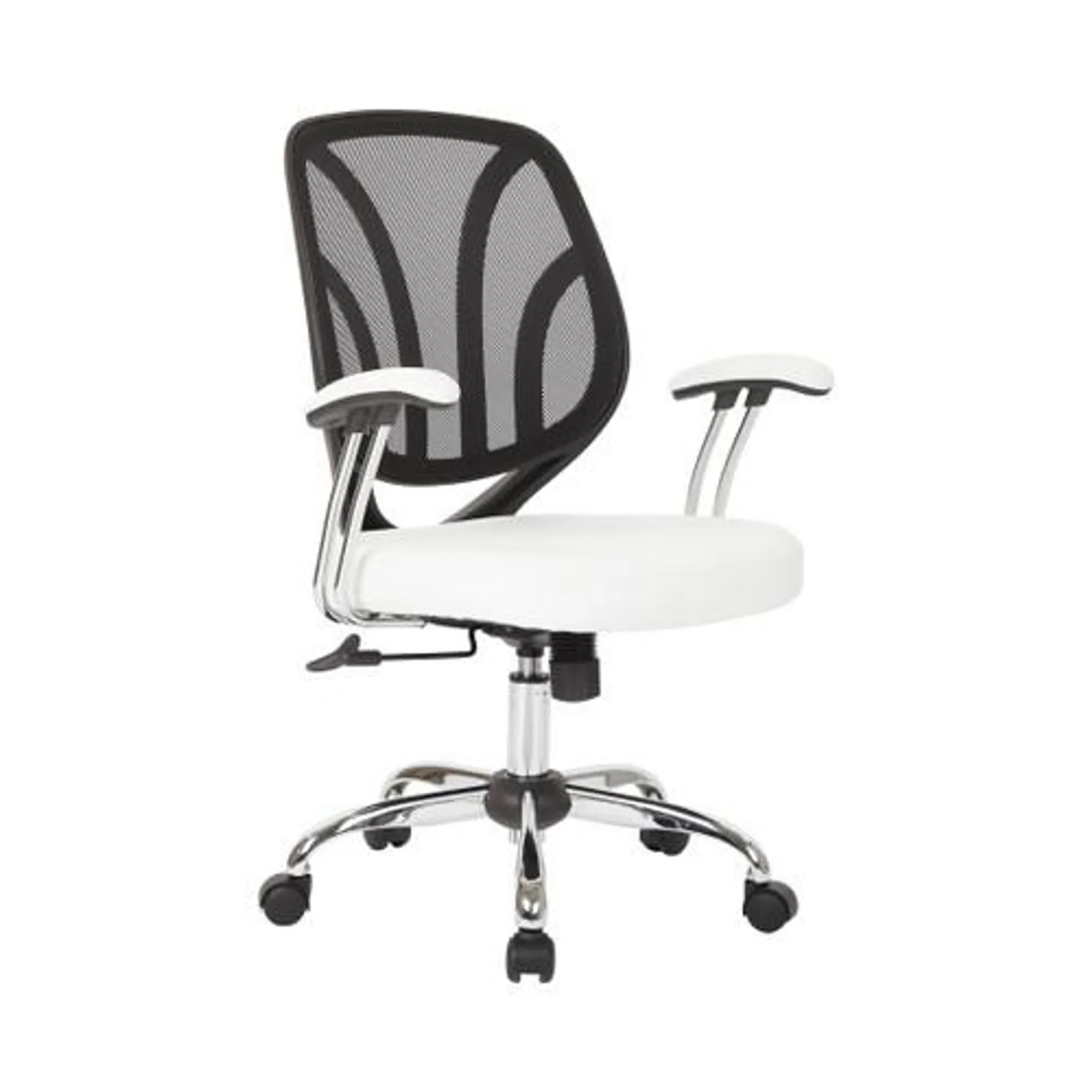 Screen Back Chair with Chrome Padded Arms and Dual Wheel Carpet Casters in White Faux Leather