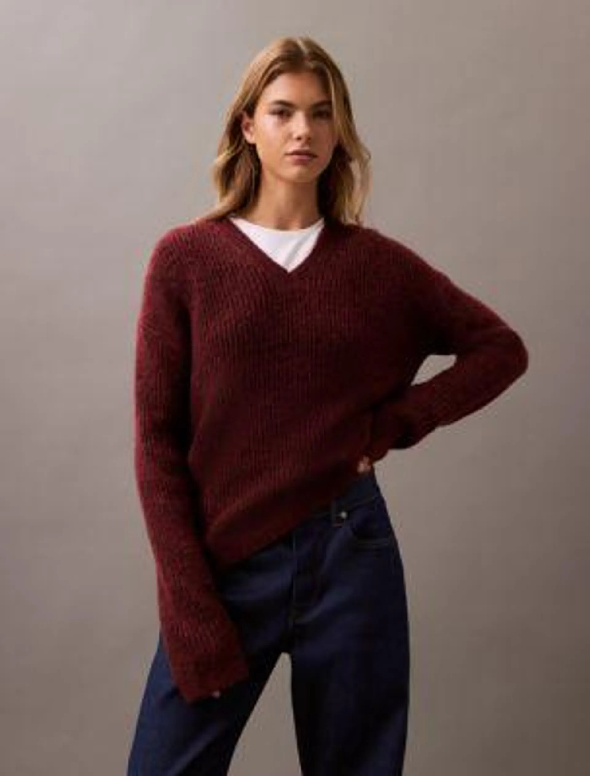 Ribbed Knit V-Neck Sweater