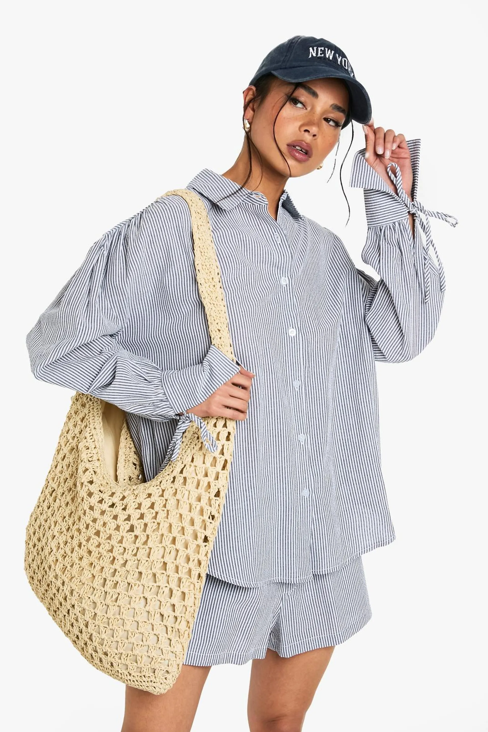 Crinkle Stripe Tie Cuff Shirt and Short Co-ord