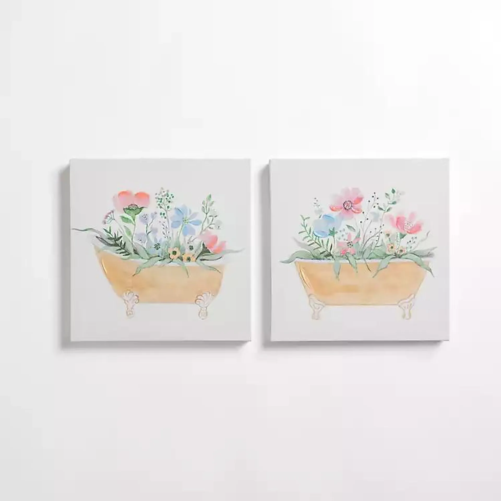 Floral Tan Bathtub Canvas Art Prints, Set of 2