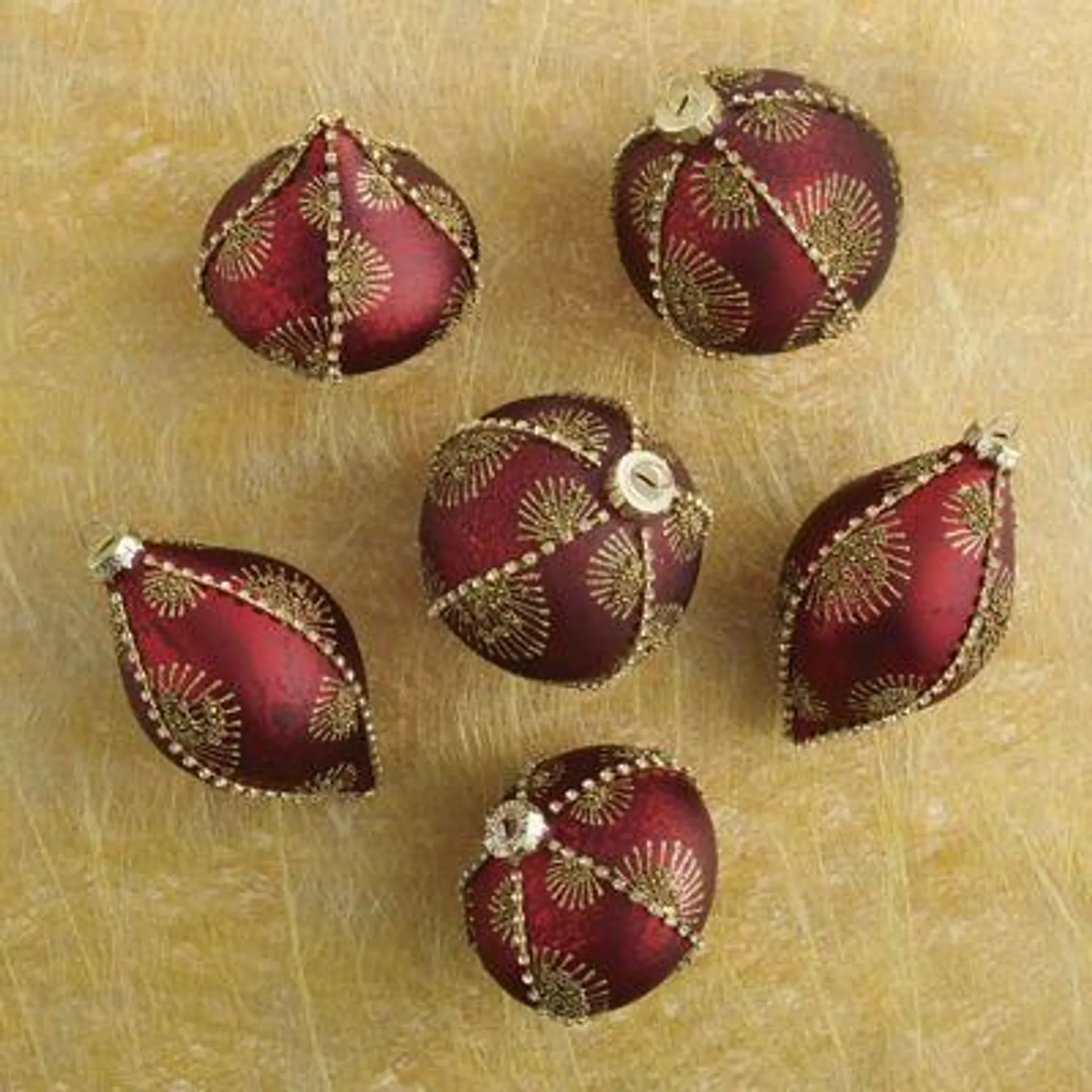 Burgundy Embellished Trimmed Ornaments, Set of Six