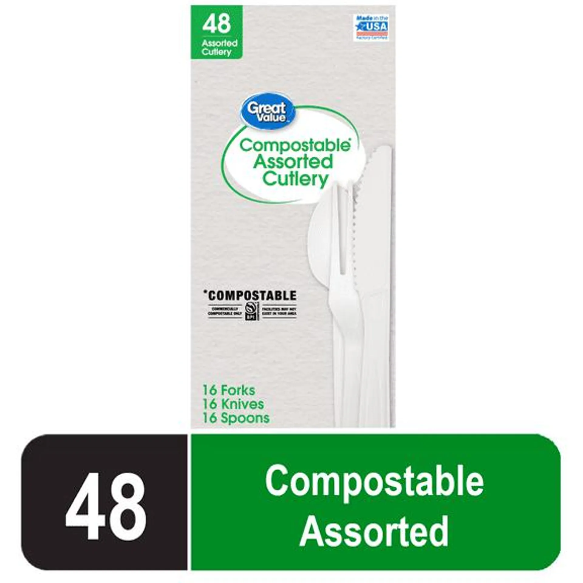 Great Value Disposable Compostable Assorted Cutlery, White, 48 Count