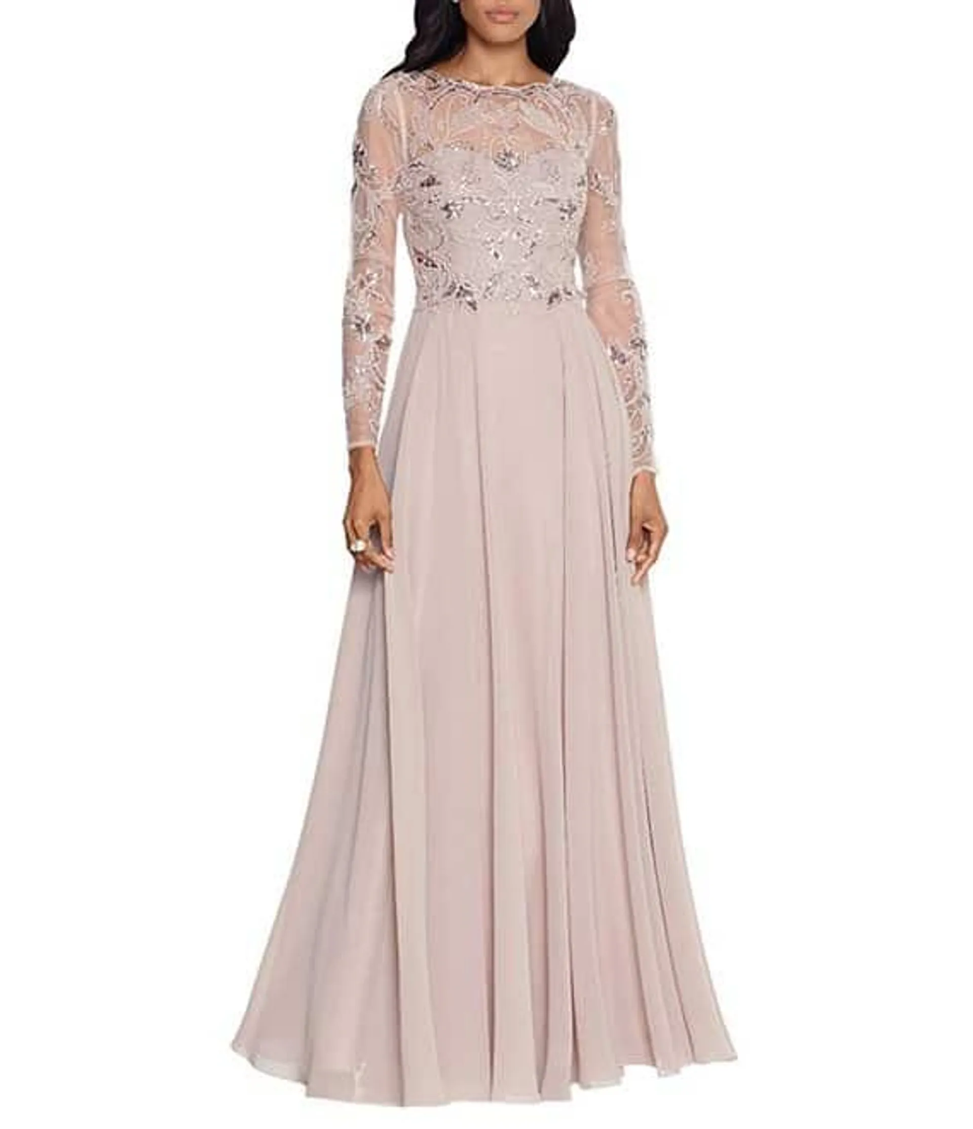 Illusion Crew Neck Long Sleeve Floral Beaded Bodice Chiffon Gown