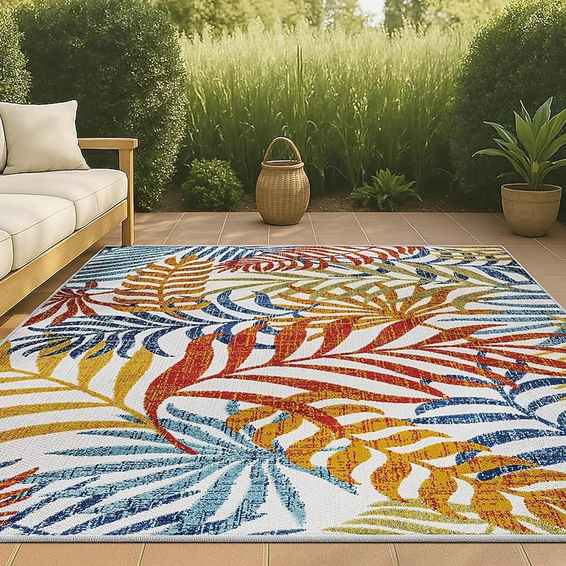 JONATHAN Y Amalfi Coast Tropics Palm Leaves 8 x 10 (ft) Loomed Polypropylene Cream/Orange Rectangular Indoor/Outdoor Floral/Botanical Coastal Area rug