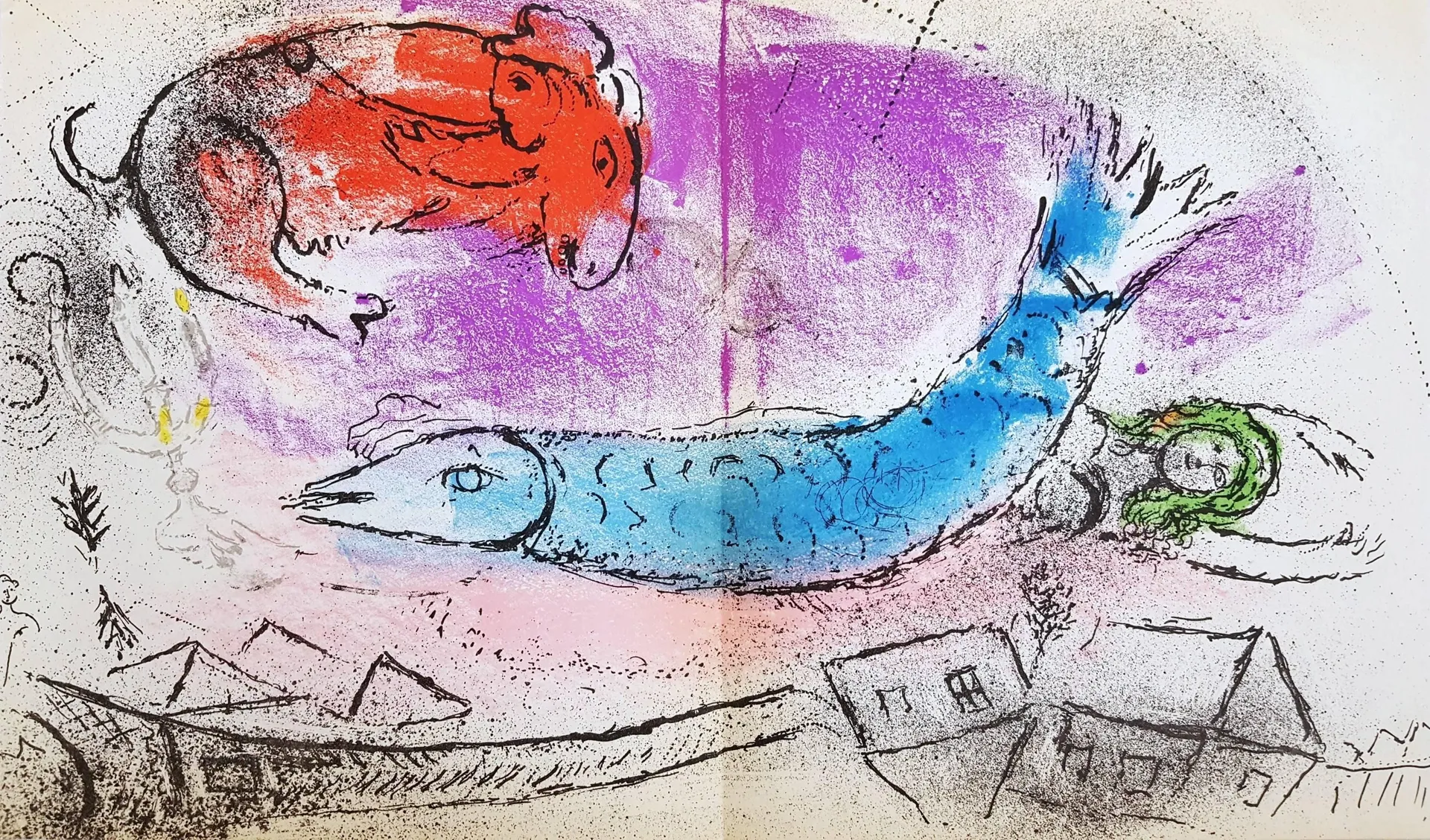 The Blue Fish /// Modern Art Marc Chagall Lithograph Figurative Colorful Woman