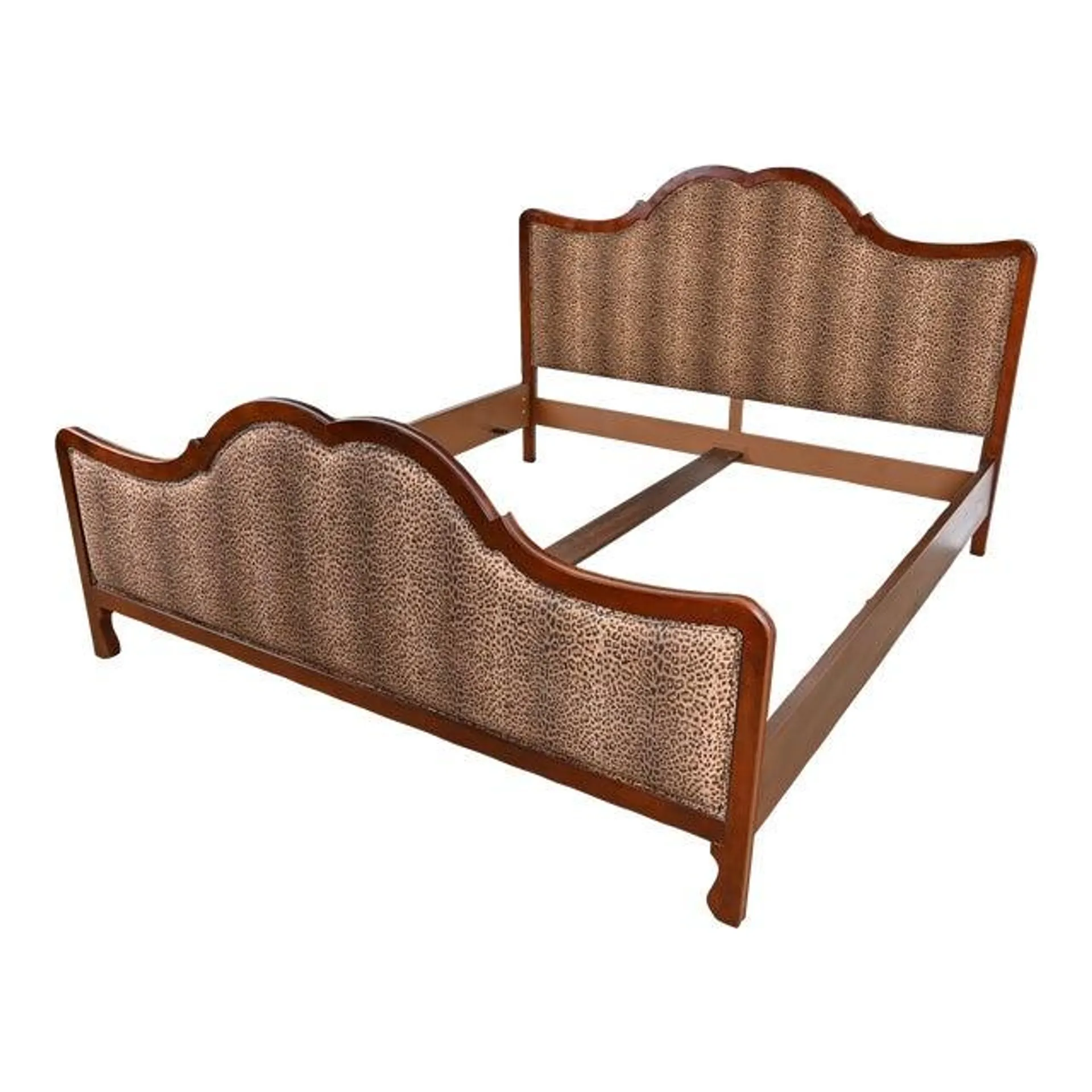 Baker Furniture French Provincial Carved Mahogany and Leopard Print Upholstered King Size Bed