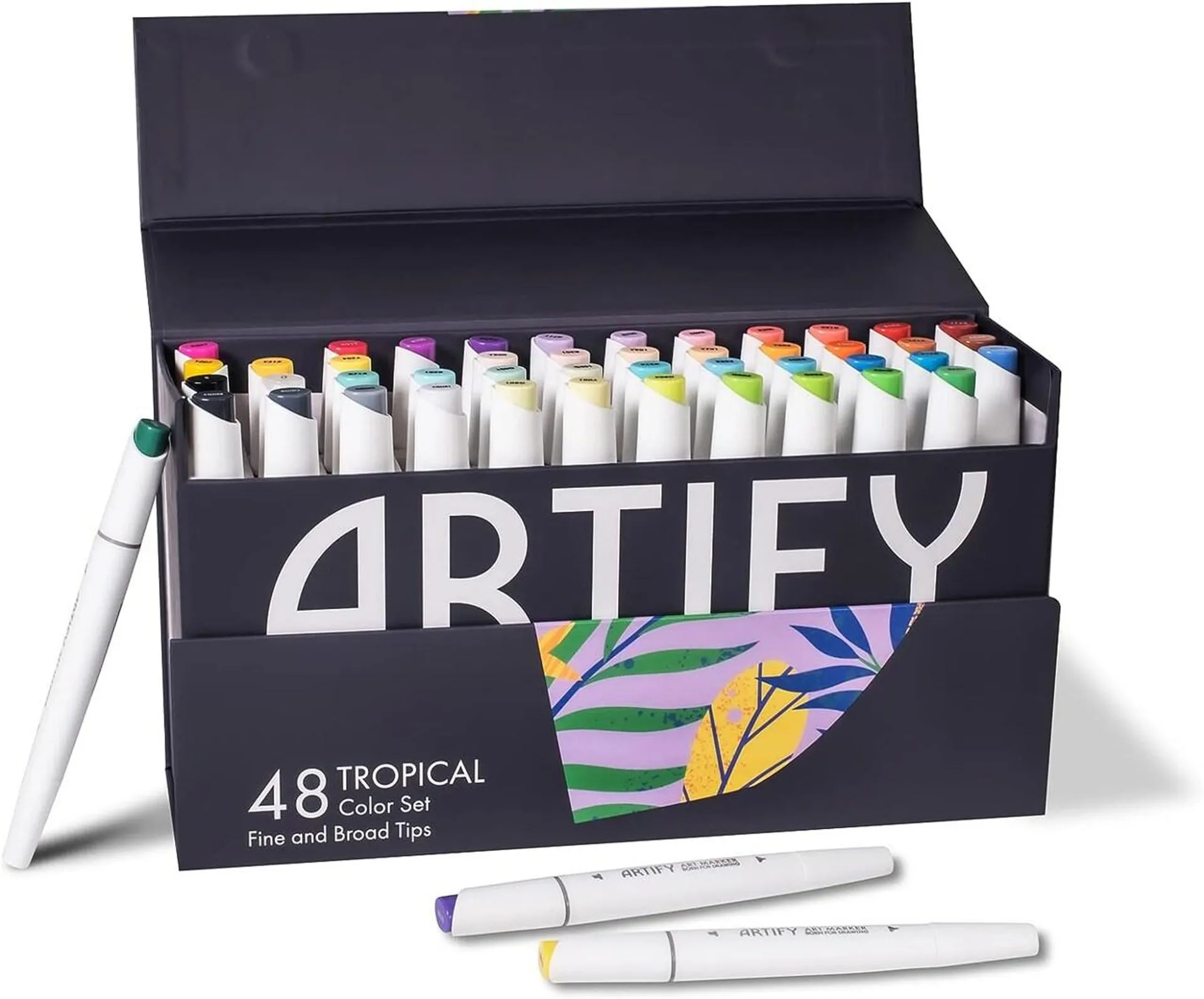 ARTIFY 48 Tropical Colors Art Markers, Fine & Broad Dual Tips Professional Artist Markers in Case, Drawing Marker Set with Carrying Case