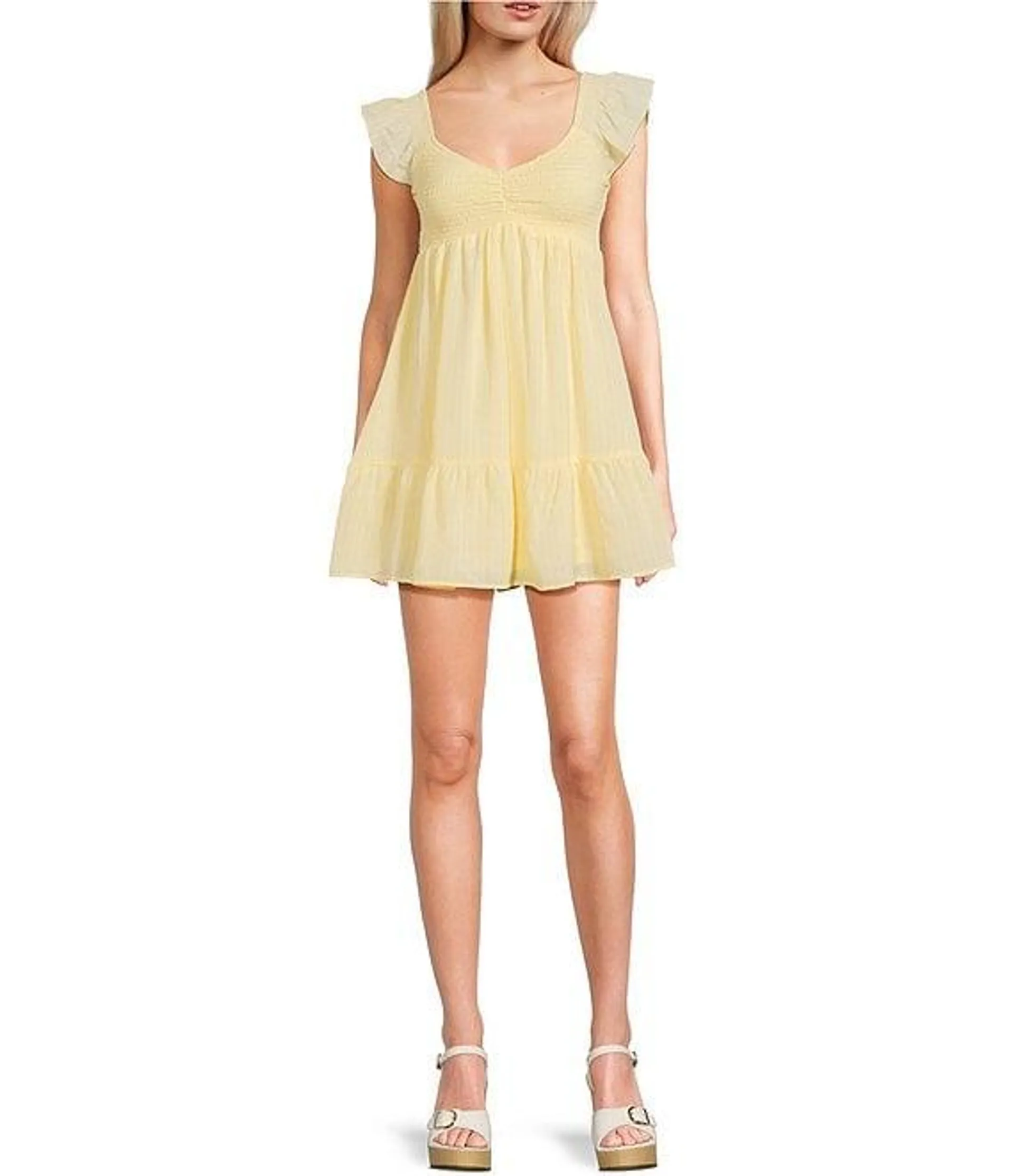 Short Sleeve Smocked Empire Waist Babydoll Tiered Mini Dress