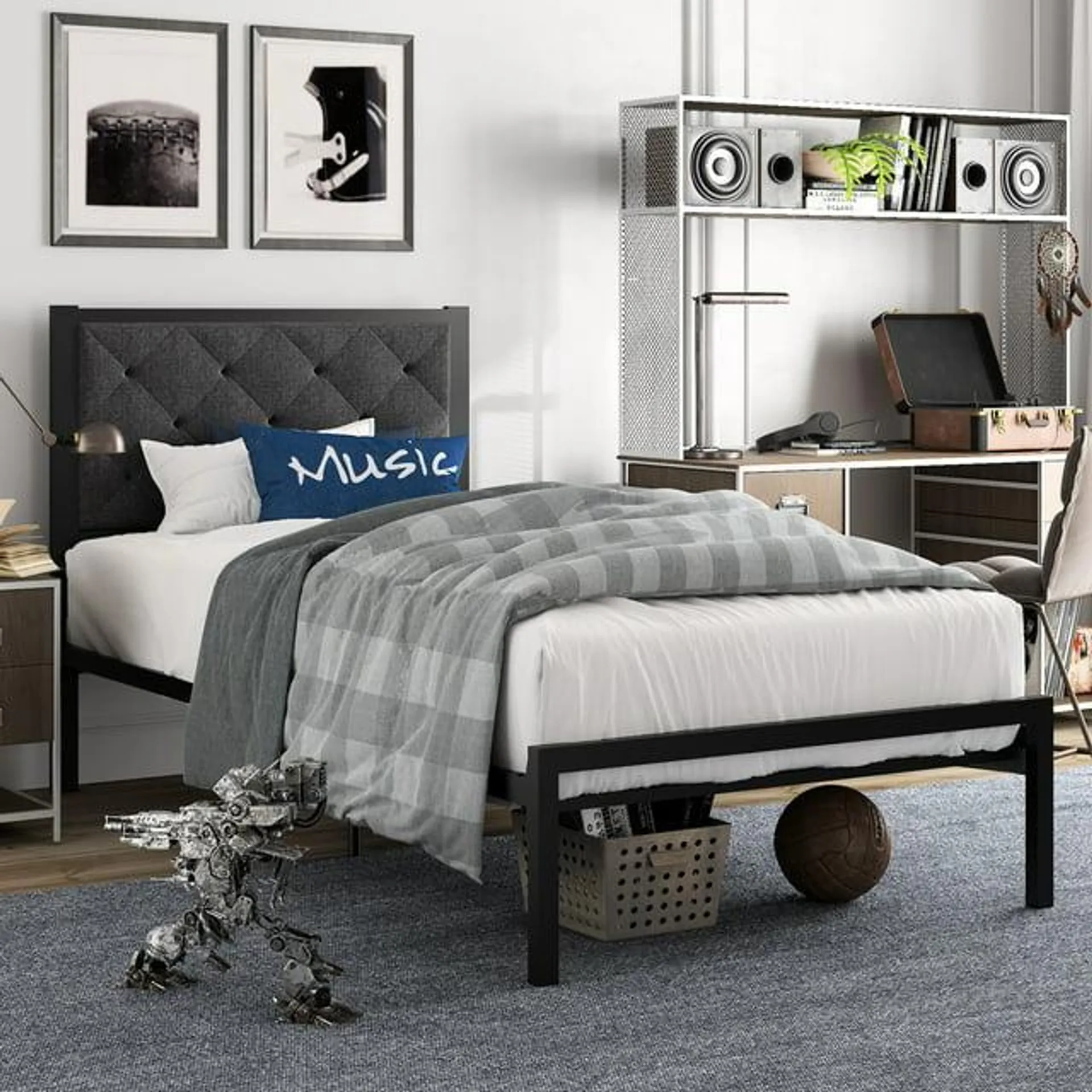 Amolife Twin Size Metal Bed Frame with Upholstered Headboard, Dark Gray