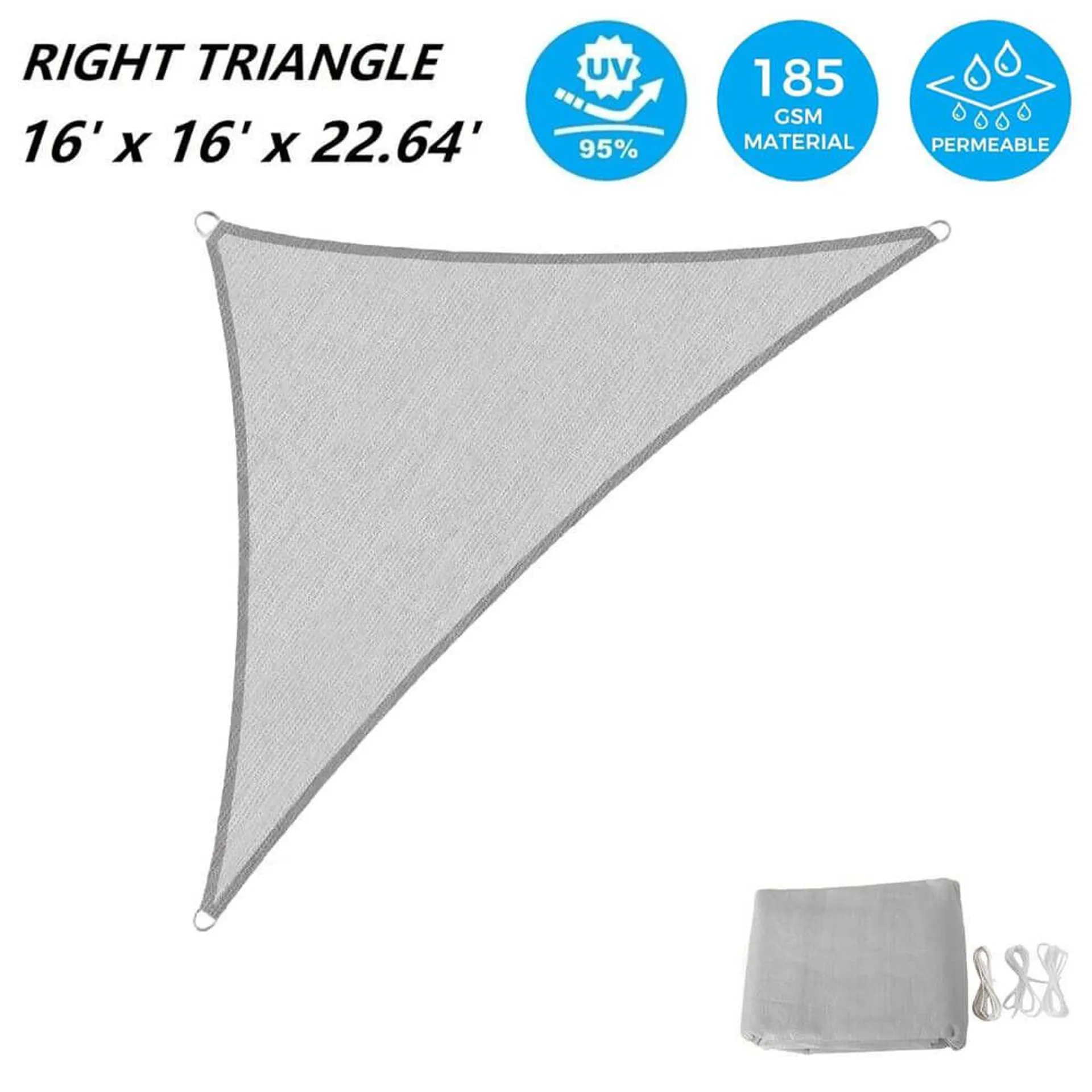 AsterOutdoor Triangular Sun Shade Sail, 16’ x 16’ x 22.64’, Gray