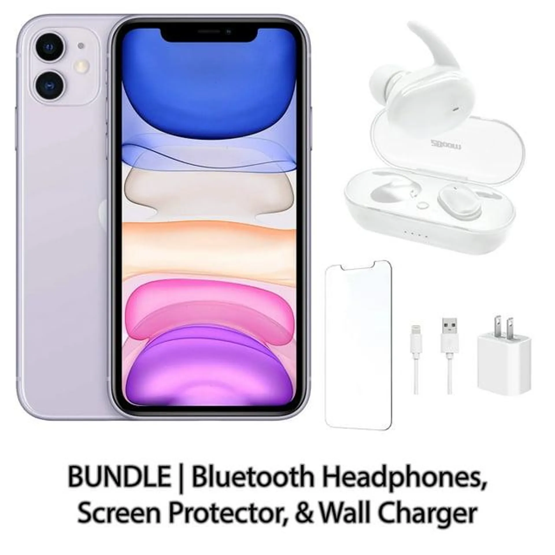 Restored Apple iPhone 11 128GB Purple Fully Unlocked Bundle: Bluetooth Headphones, Screen Protector, & Wall Charger (Refurbished)
