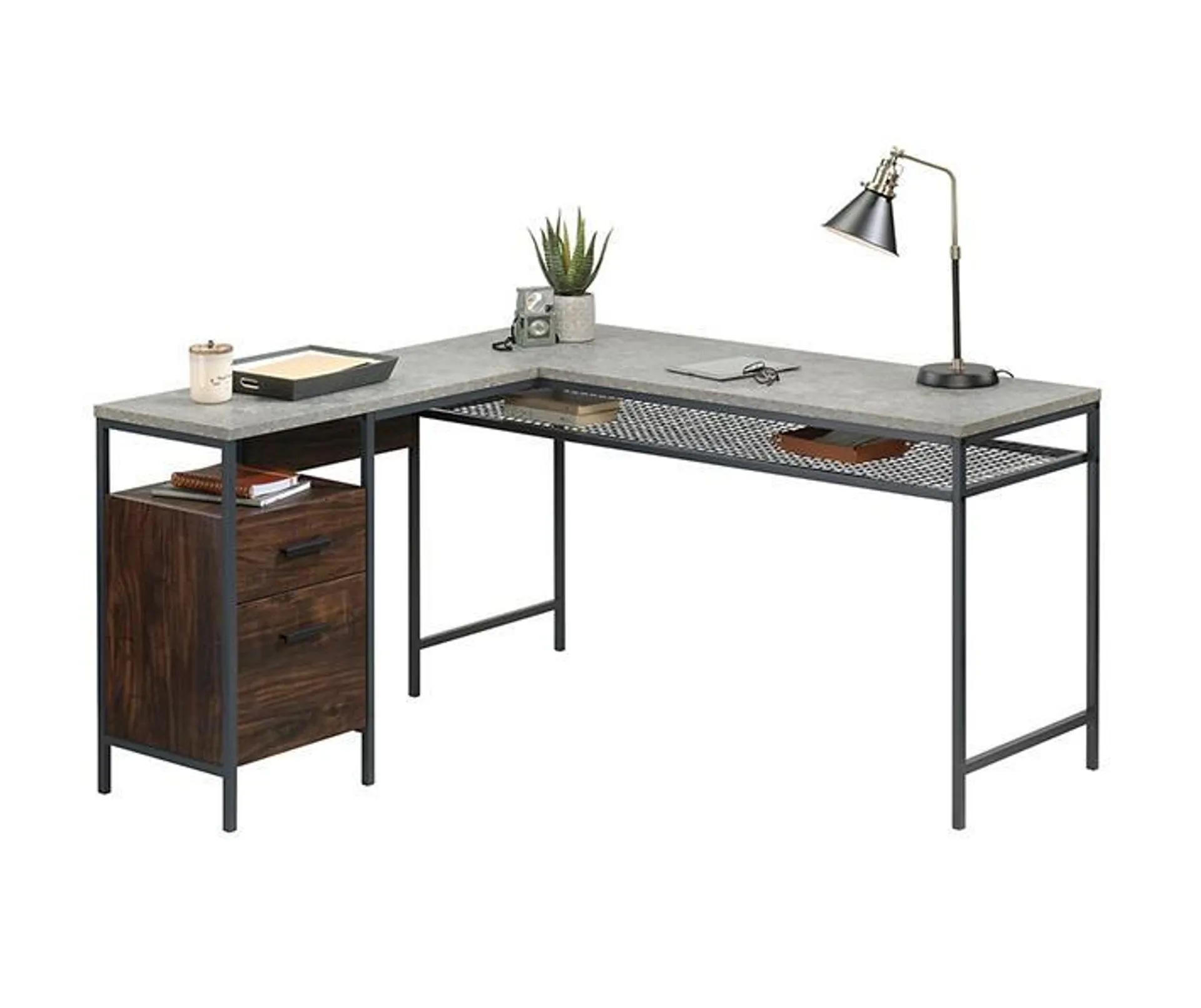 Market Commons Rich Walnut & Slate Gray L-Shaped Desk