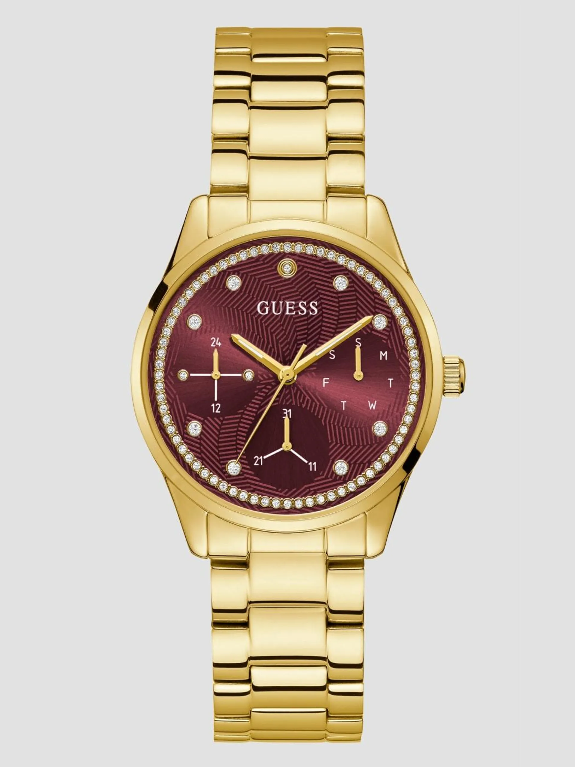 Gold-Tone and Burgundy Multifunction Watch