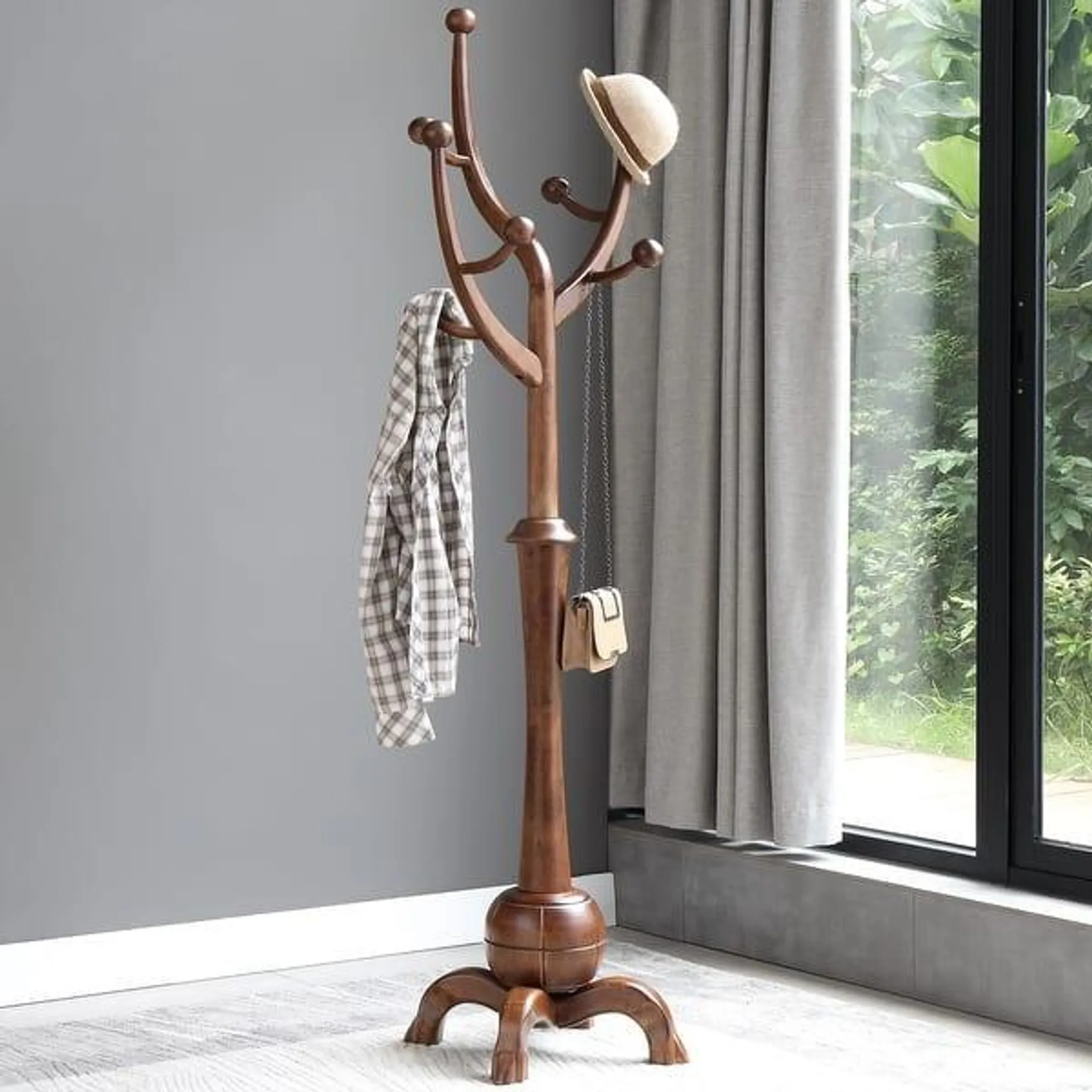 Tree-branch Rubberwood Freestanding Coat Rack with 8 Hooks - 24.5"W x 70.87"H