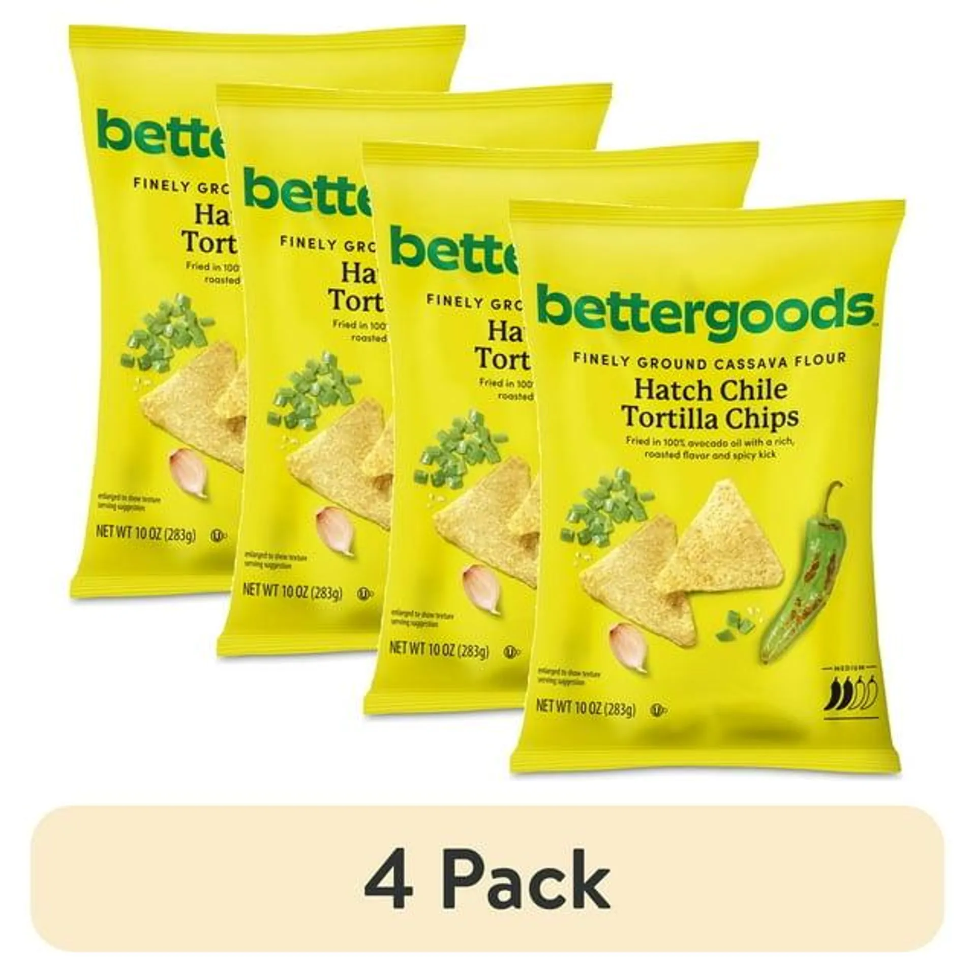 (4 pack) bettergoods Finely Ground Cassava Flour Hatch Chile Tortilla Chips, 10 oz