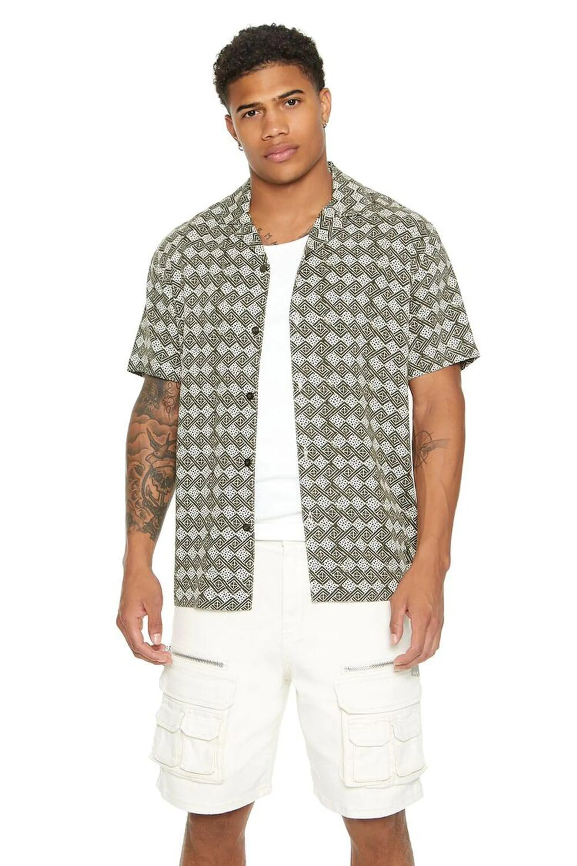 Geo Print Cuban-Collar Shirt