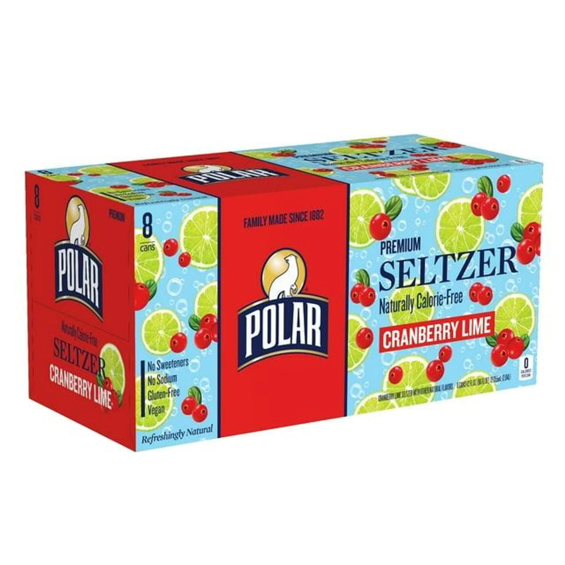 Polar Zero Calorie Cranberry Lime Sparkling Seltzer Water, 12 fl oz, 8 Pack Cans