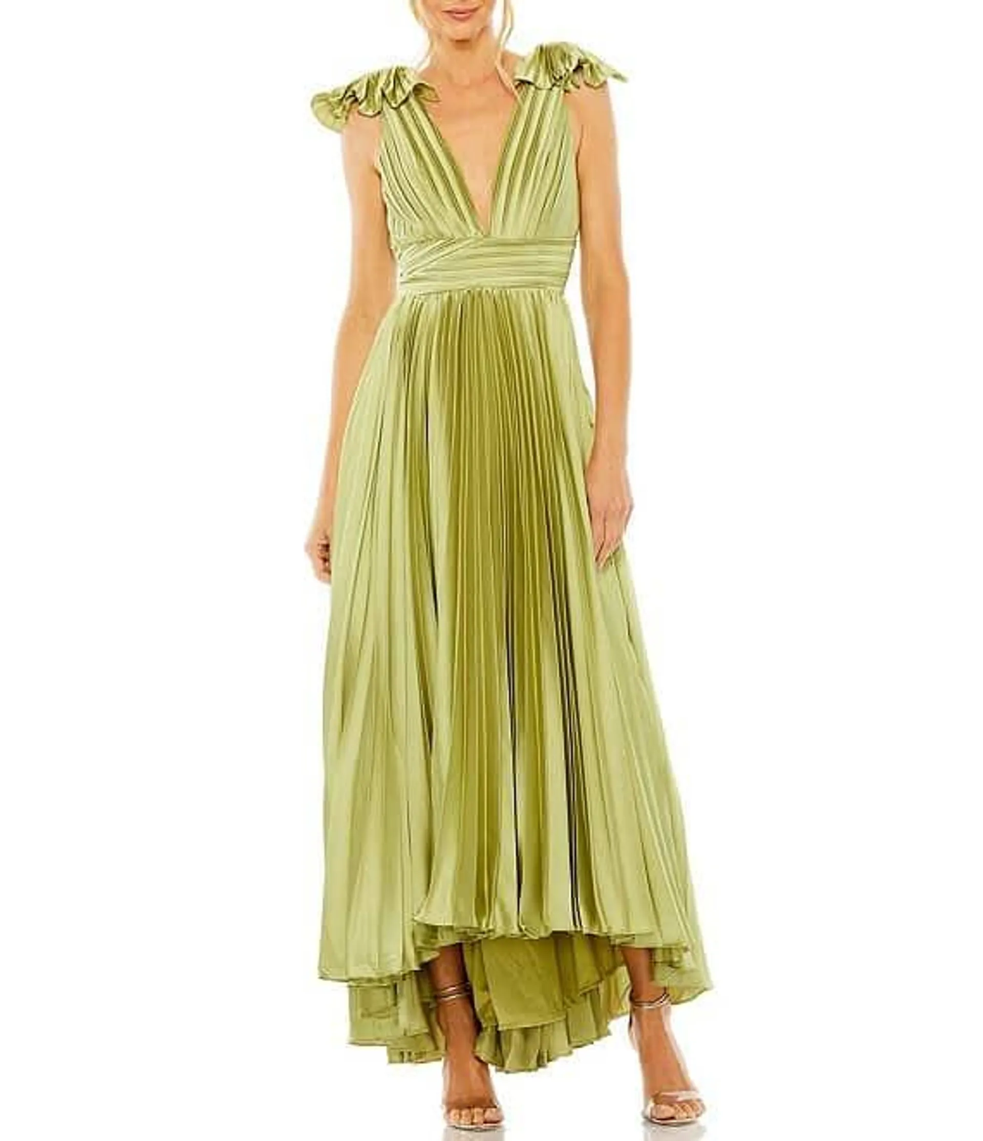 Pleated Deep V-Neck Sleeveless Shoulder Detail Asymmetrical Hem Gown