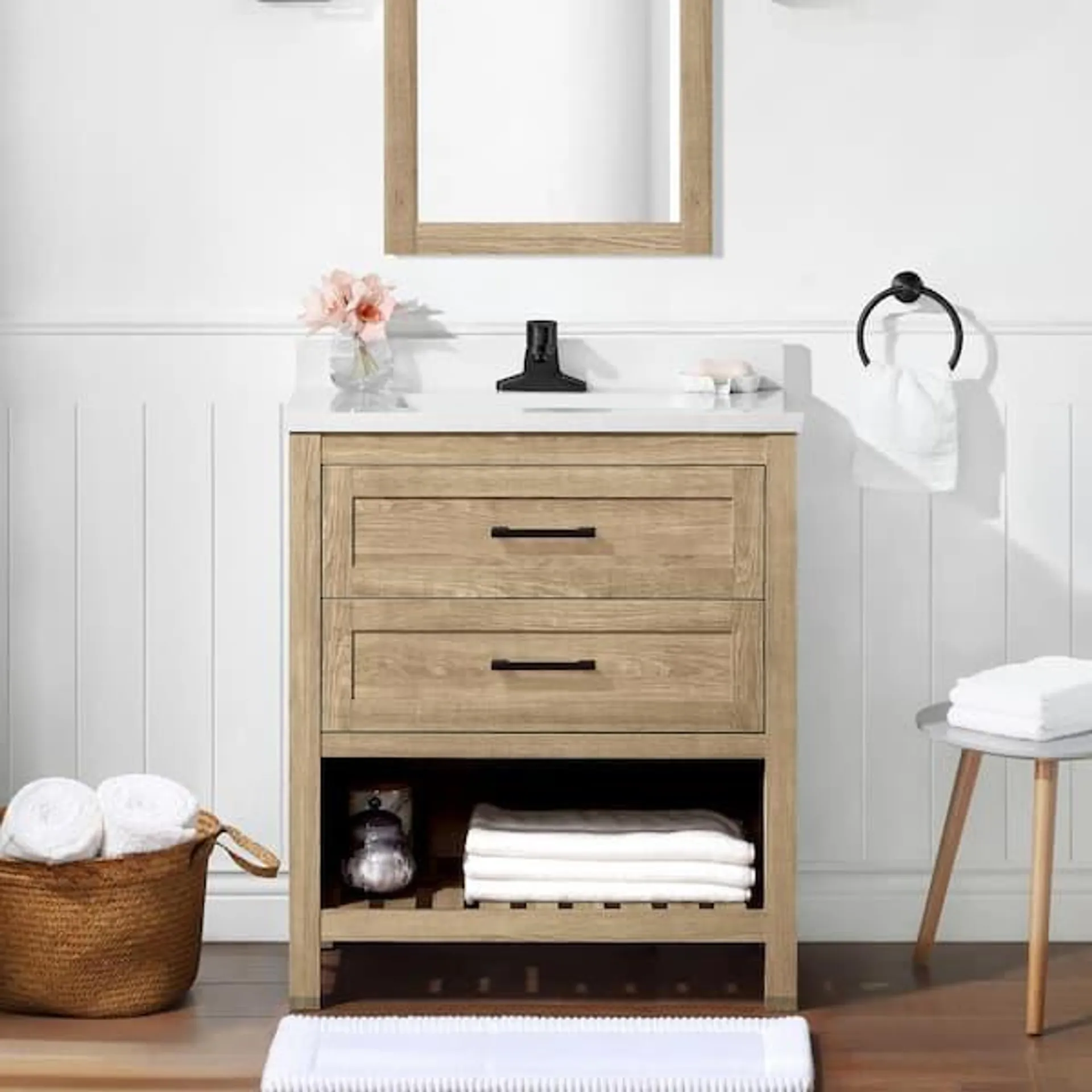 Autumn 30 in. Single Sink Weathered Tan Bath Vanity with White Engineered Stone Top (Assembled)