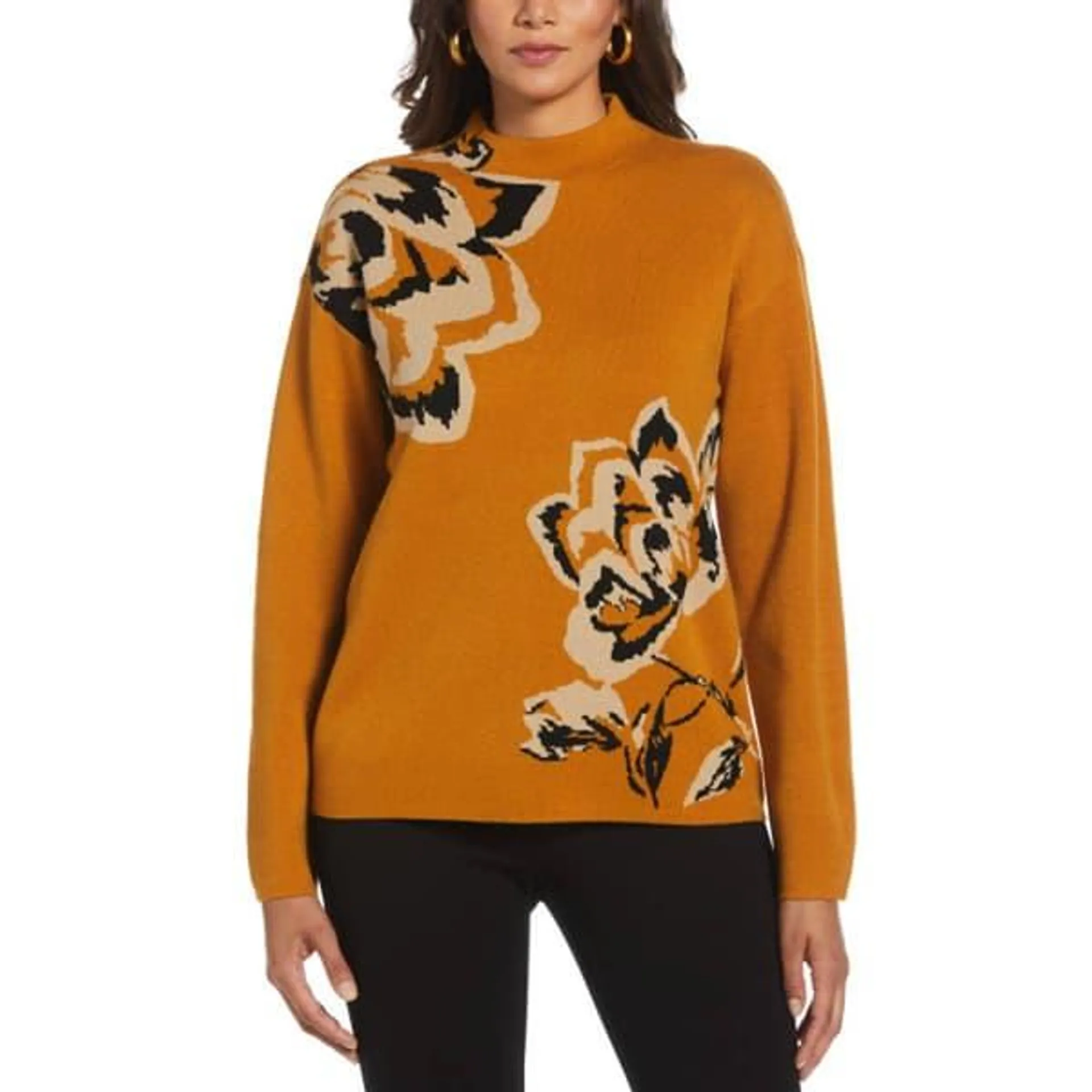 Womens Rafaella® Long Sleeve Floral Jacquard Sweater