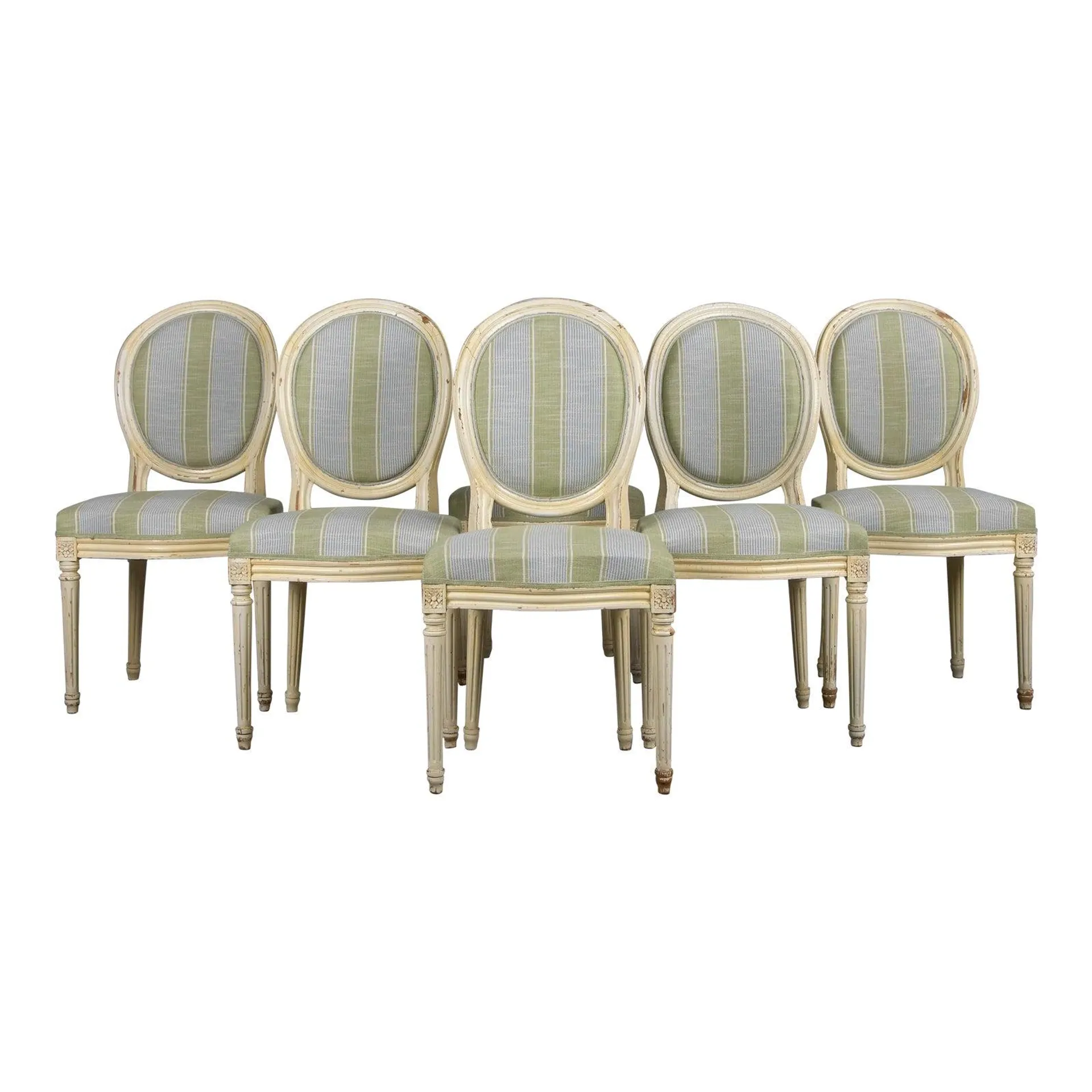 French Louis XVI Style Painted Dining Chairs W/ Striped Green and Blue Linen - Set of 6