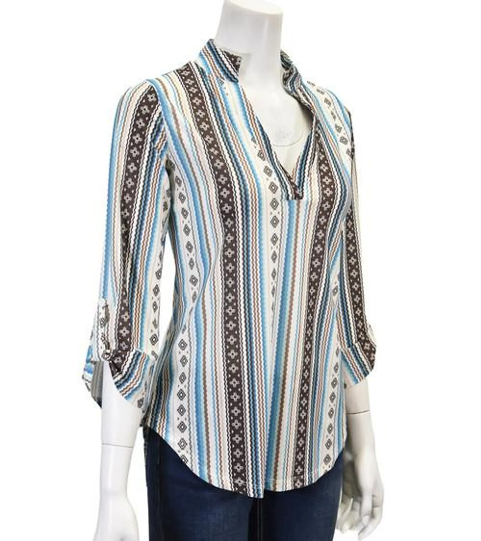 Cowgirl Hardware Women's Turquoise and Brown Serape 3/4 Sleeve Hi-Lo Top