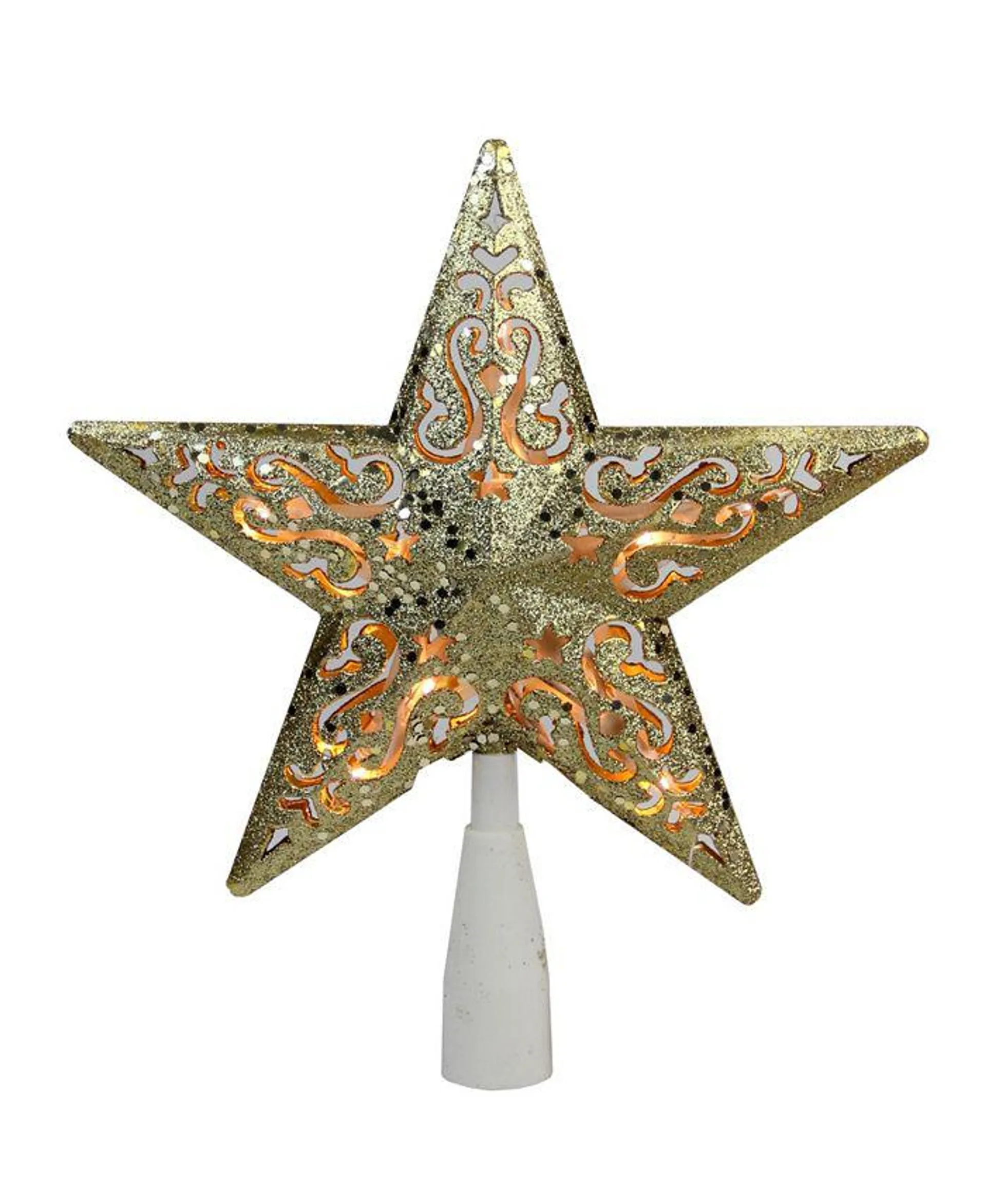 8.5" Gold Glitter Star Cut-Out Design Christmas Tree Topper - Clear Lights