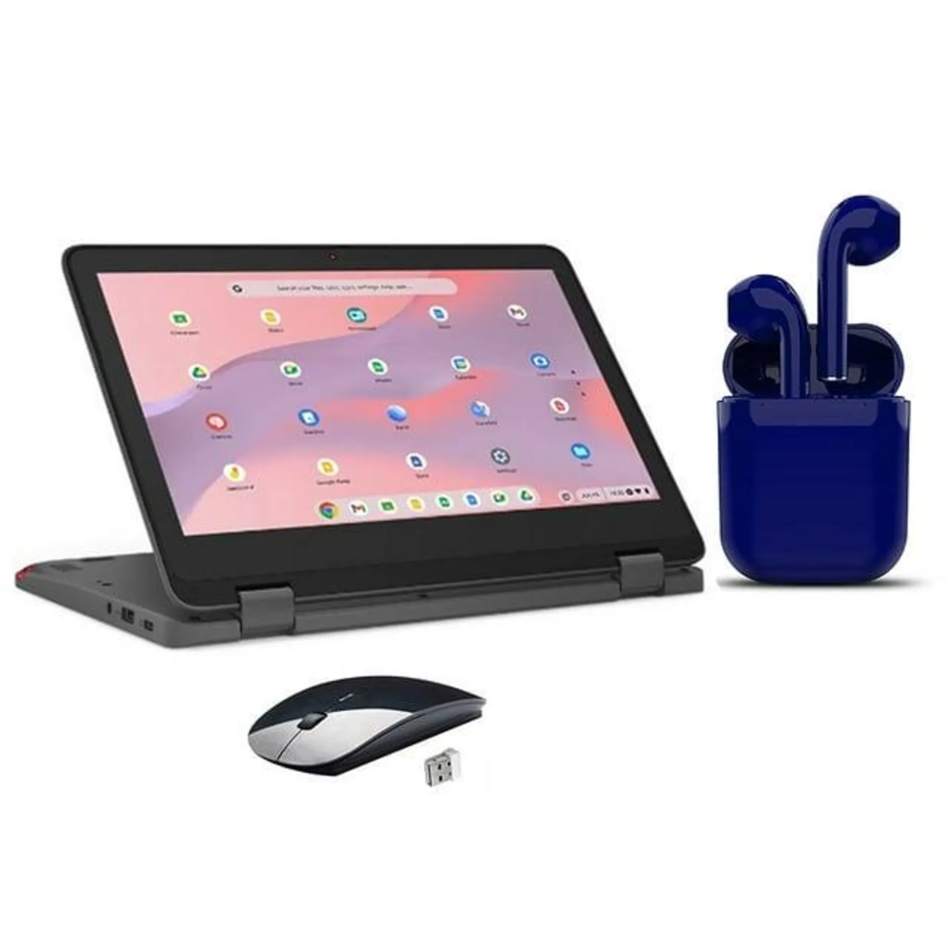 Restored Lenovo Chromebook 2-in-1 11.6-inch Touchscreen 4GB RAM 32GB SSD Bundle: USA Essentials Bluetooth/Wireless Airbuds, Wireless Mouse By Certified 2 Day Express (Refurbished)