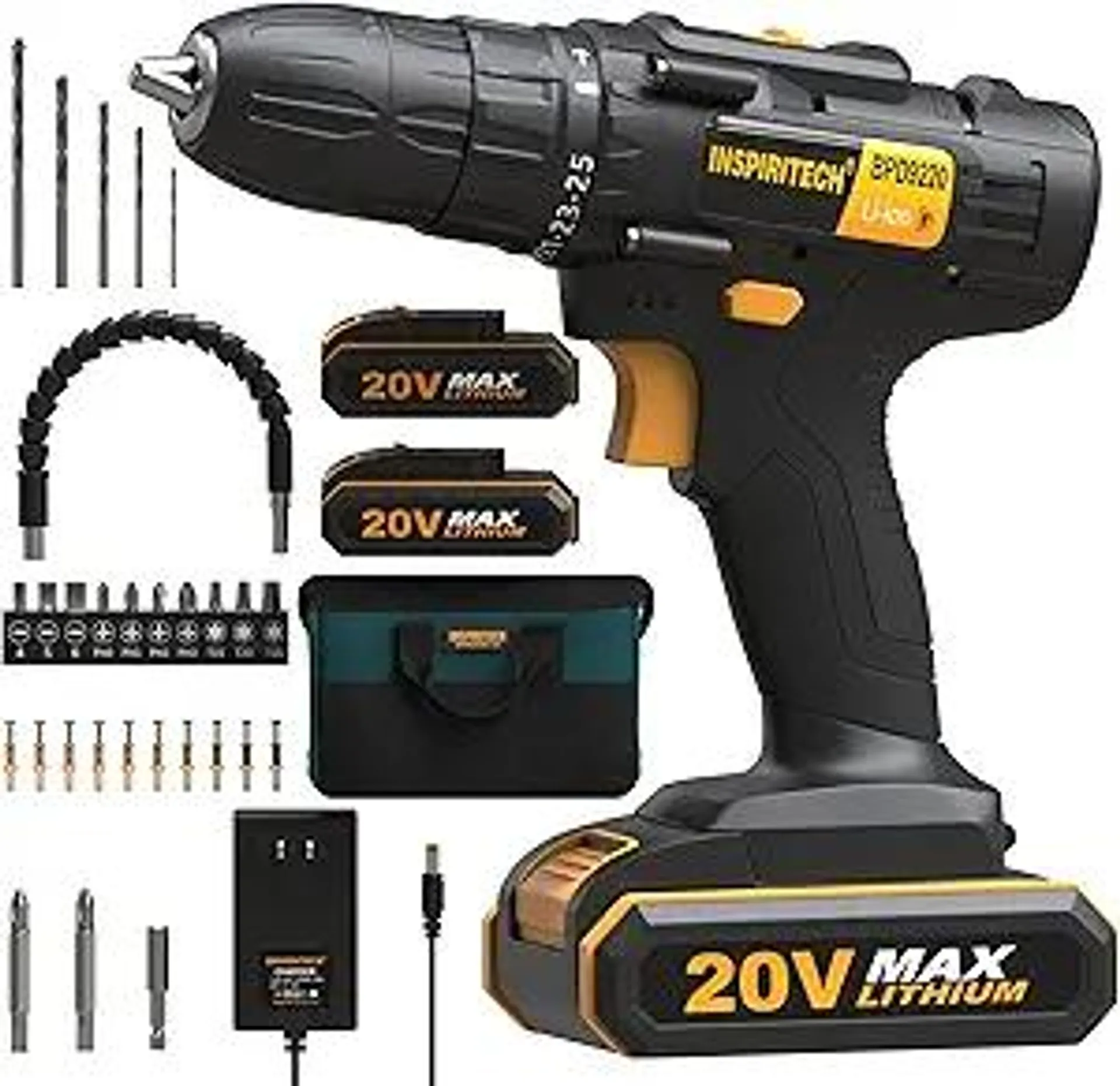 20V Cordless Drill, Power Drill Set with 2 Batteries and Charger,3/8-Inch Chuck Electric Drill Kit with 24-Torque Setting, Drill Driver Bits and Tool Bag Included…