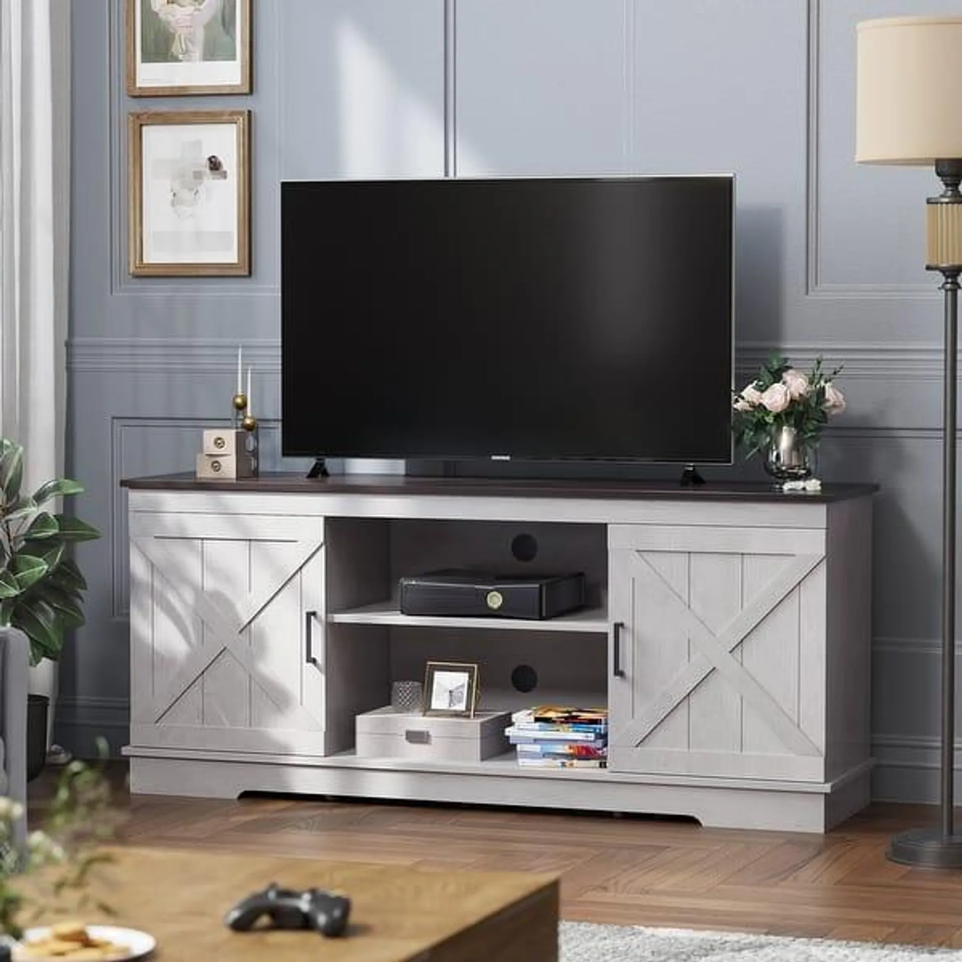 Evelynn Wood Farmhouse TV Stand for 65 Inch TV Sliding Barn Doors Grey White