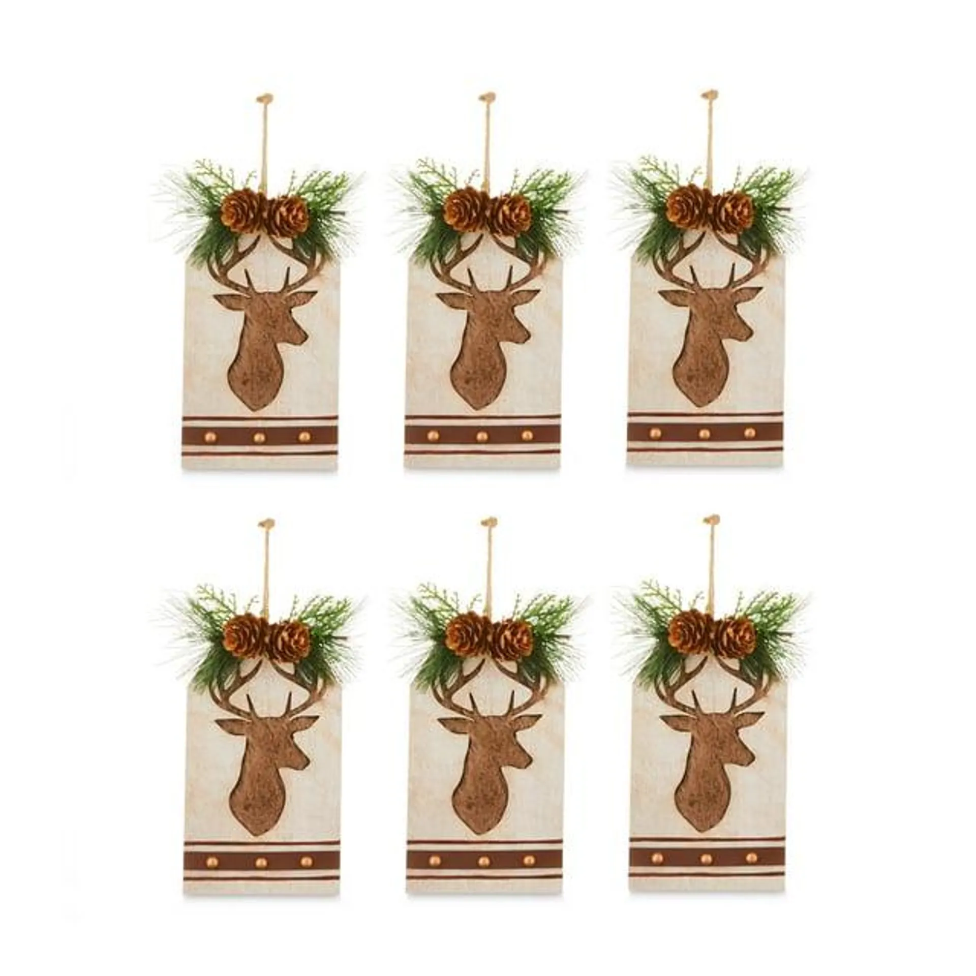 Festive Fireside Nature Plywood Deer Head Christmas Ornament, 6 Count, by Holiday Time