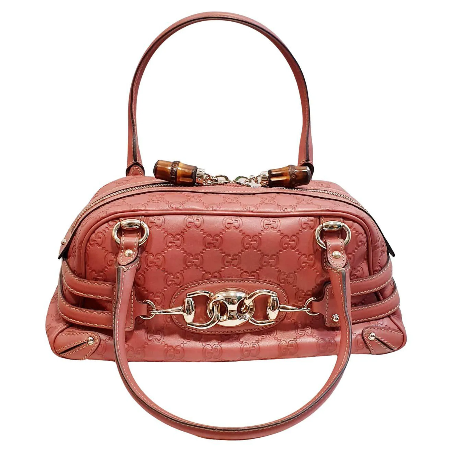 Gucci Pink Leather Bag With Bamboo Closure and big golden horsebit logo