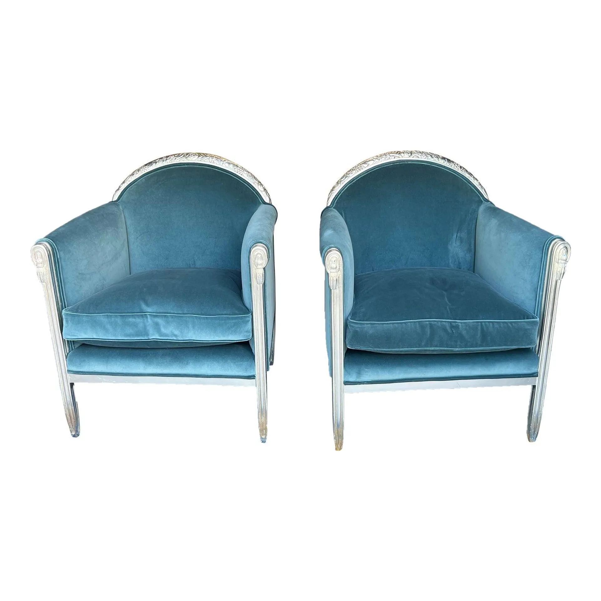 1920s Art Deco Era Silver Leaf and Blue Velvet Club Chairs - a Pair