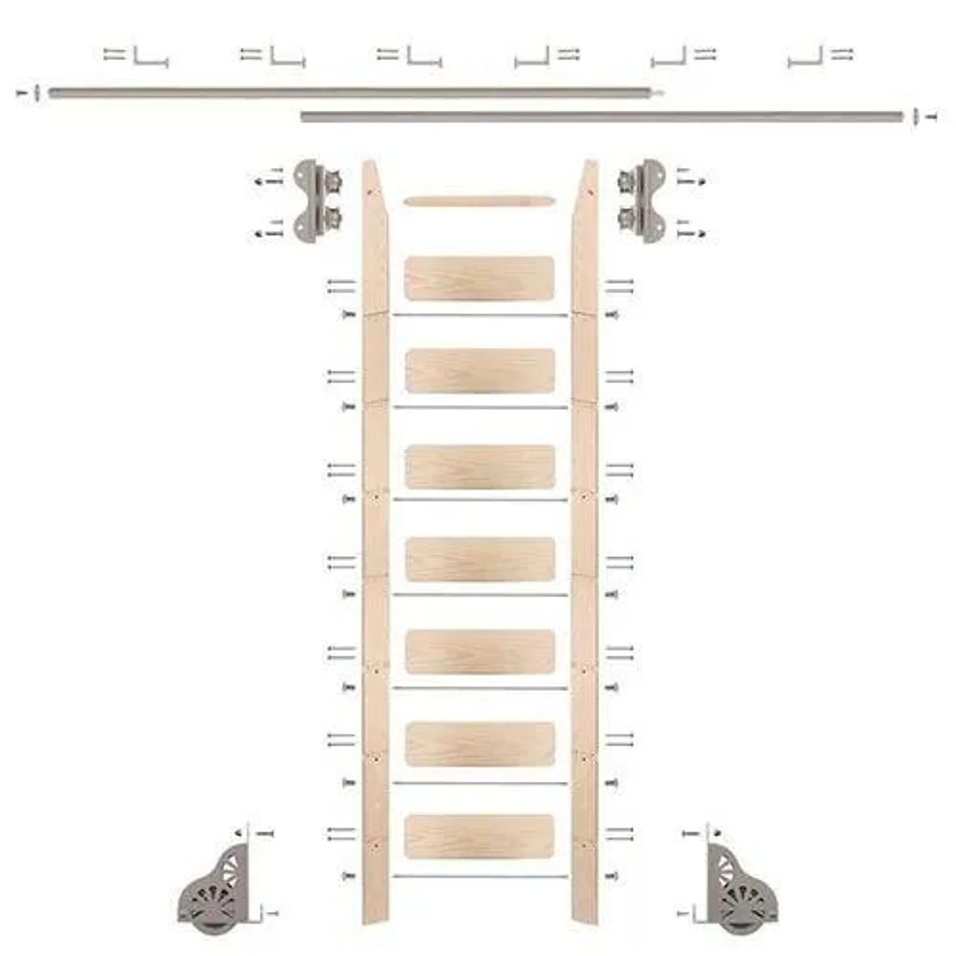 Quiet Glide Maple Library Ladder & 12 Ft Rolling Hardware Kit