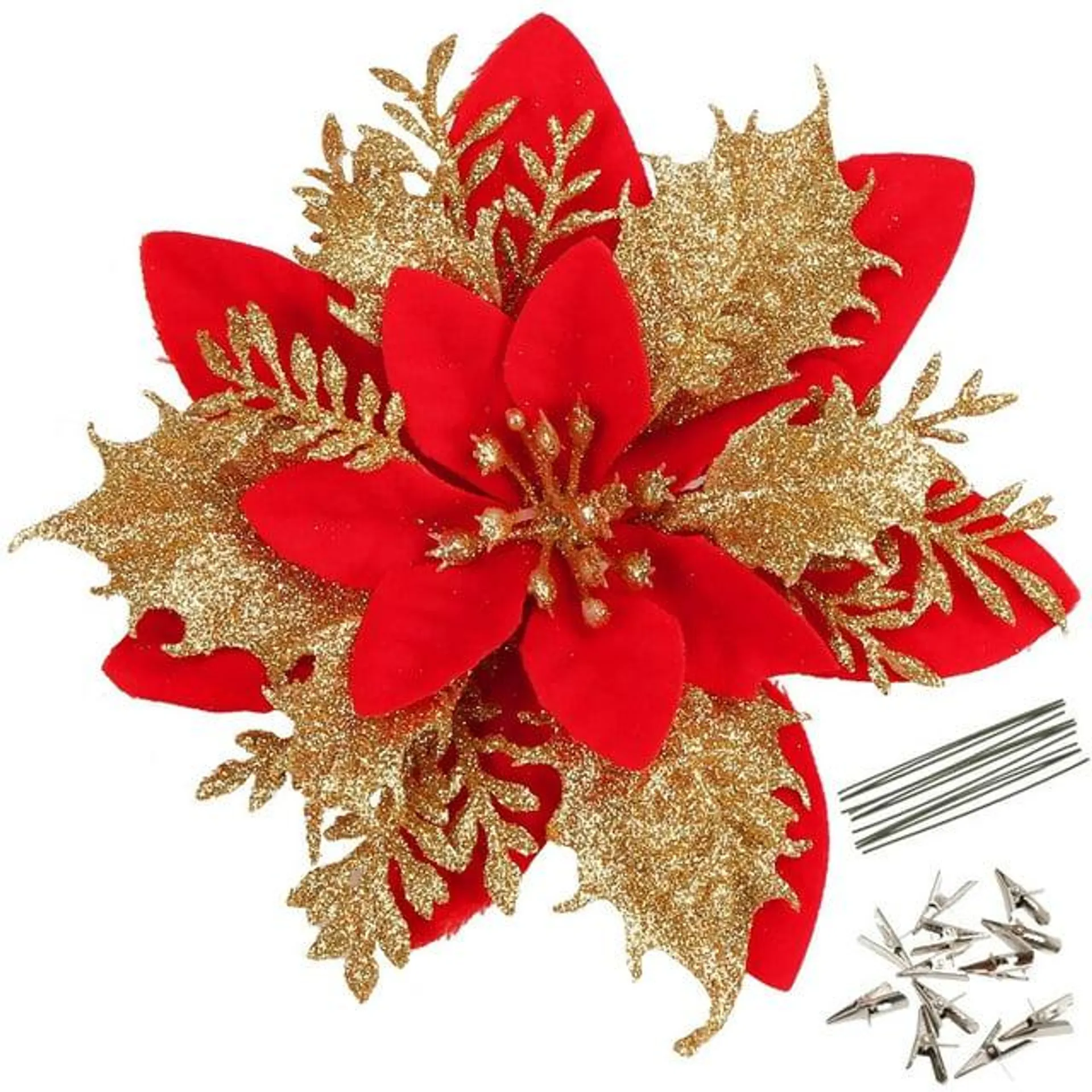 20 Pack Christmas Poinsettia Decorations Flowers Ornaments for Christmas Tree, Wreath, Garland, 5.5"