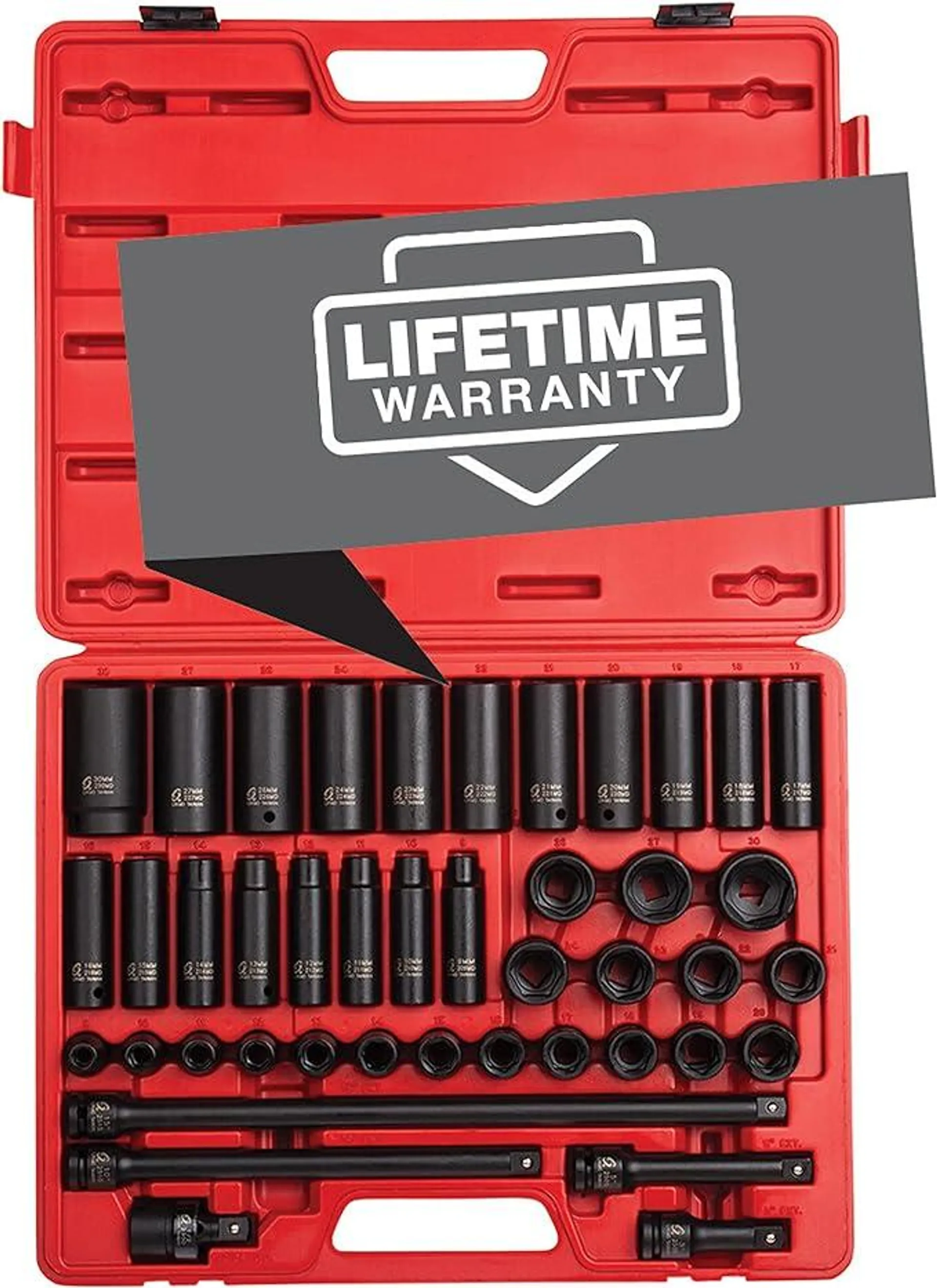 Sunex 2569, 1/2" Drive Master Impact Socket Set, 43Piece, Metric, 9mm - 30mm, Standard/Deep, Cr-Mo Alloy Steel, Radius Corner Design, Heavy Duty Storage Case, Universal Joint & Impact Extensions