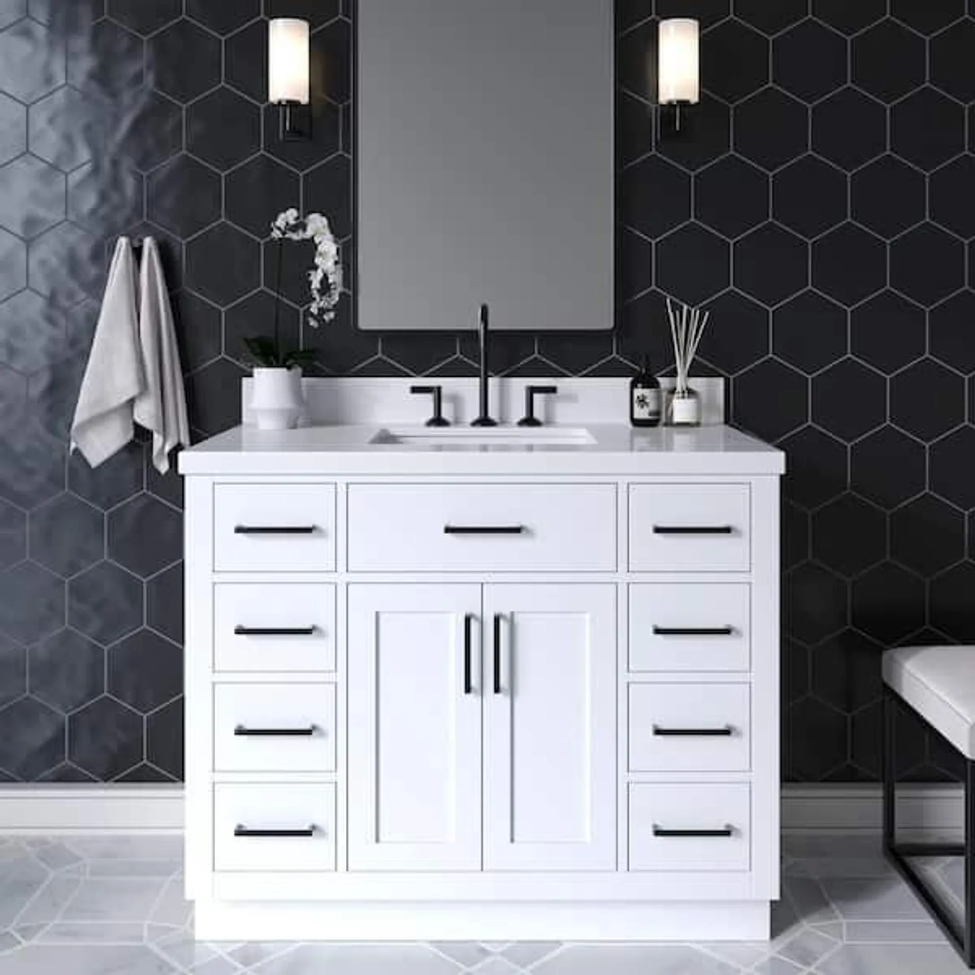 Hepburn 43 in. W x 22 in. D x 36 in. H Bath Vanity in White with White Pure Quartz Vanity Top with White Basin