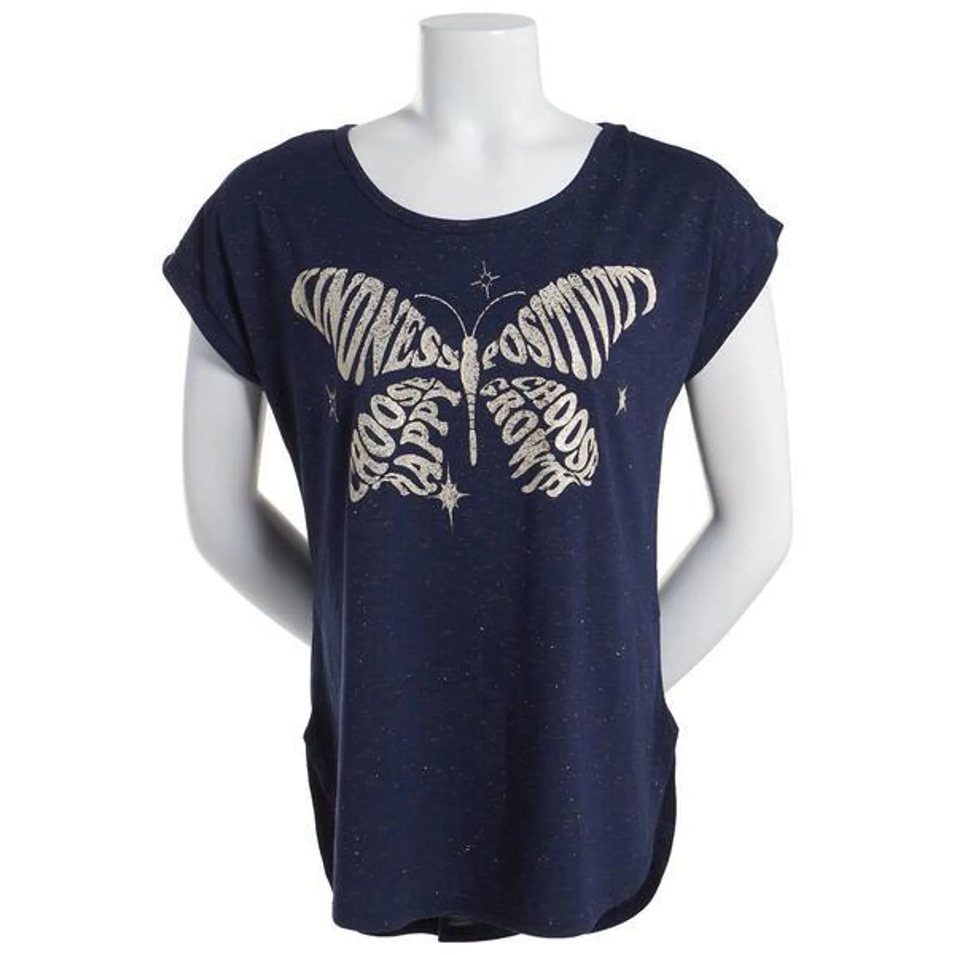 Womens Tru Self Short Sleeve Shirttail Butterfly Graphic Tee