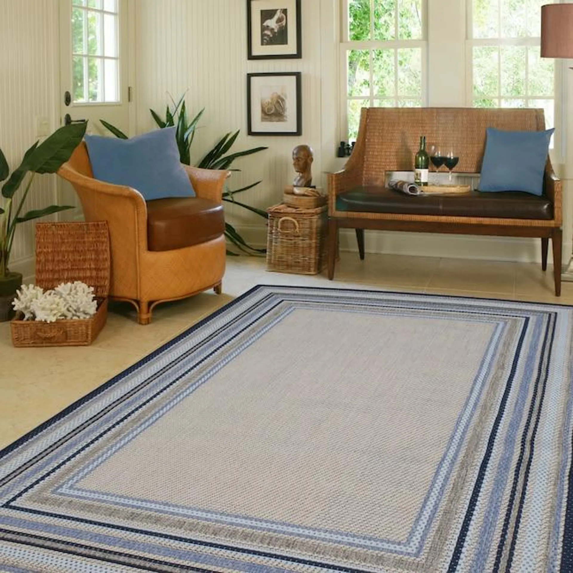 allen + roth with STAINMASTER Blue Border 8 X 10 (ft) Blue Outdoor Area Rug