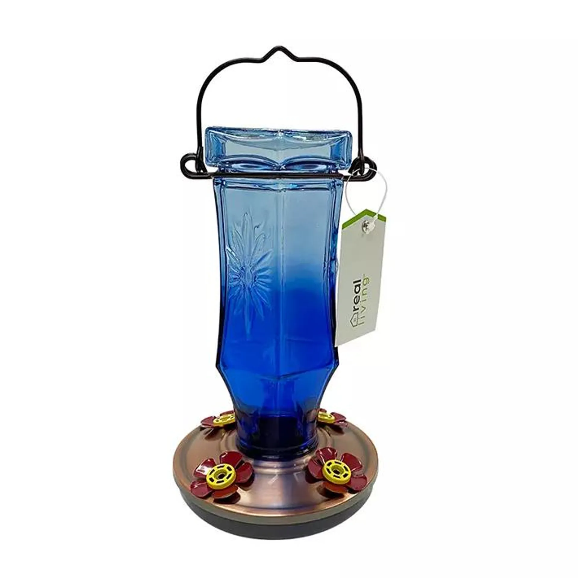 Blue Glass Bottle Hummingbird Feeder