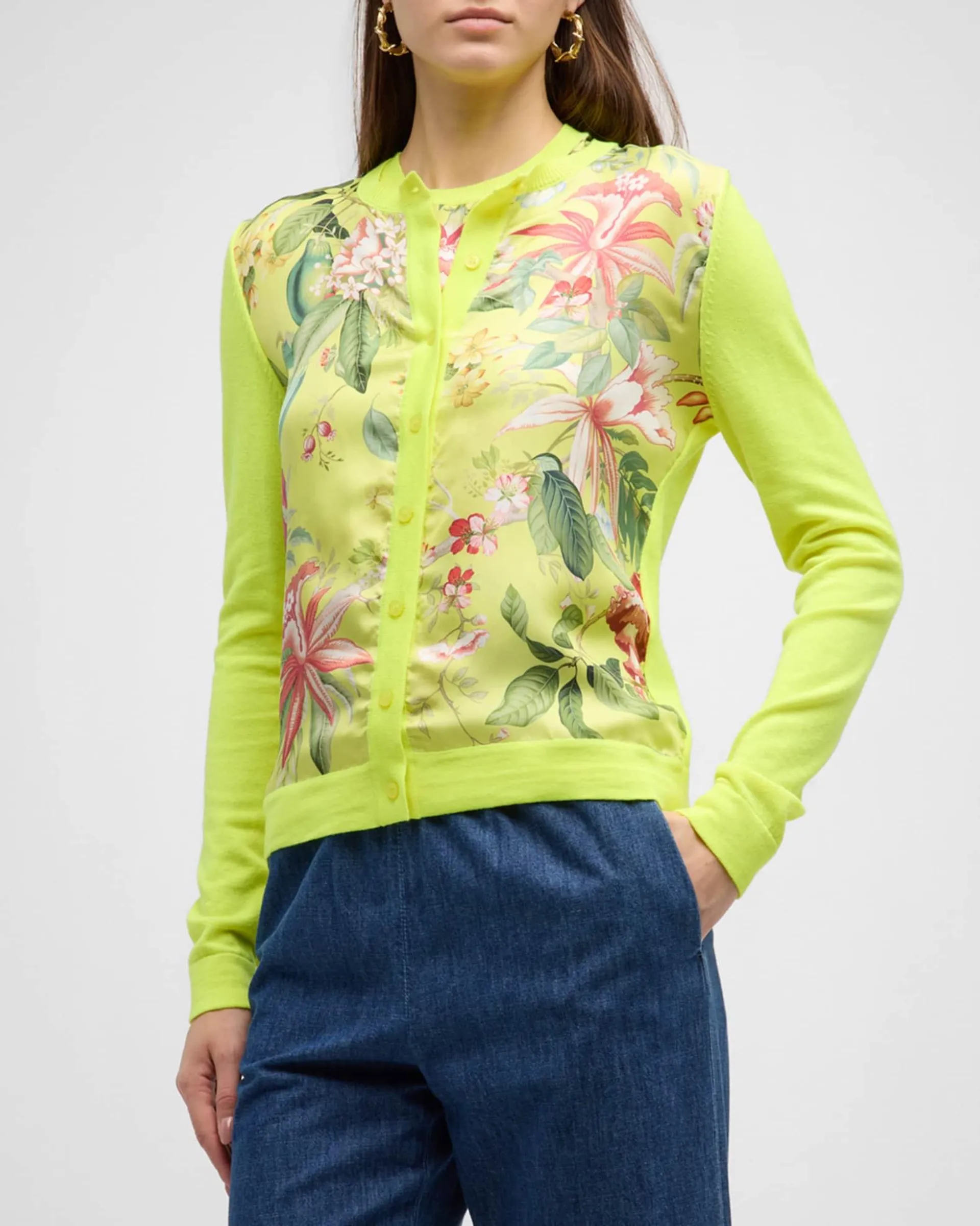 Floral And Fauna Satin Inset Crewneck Cardigan