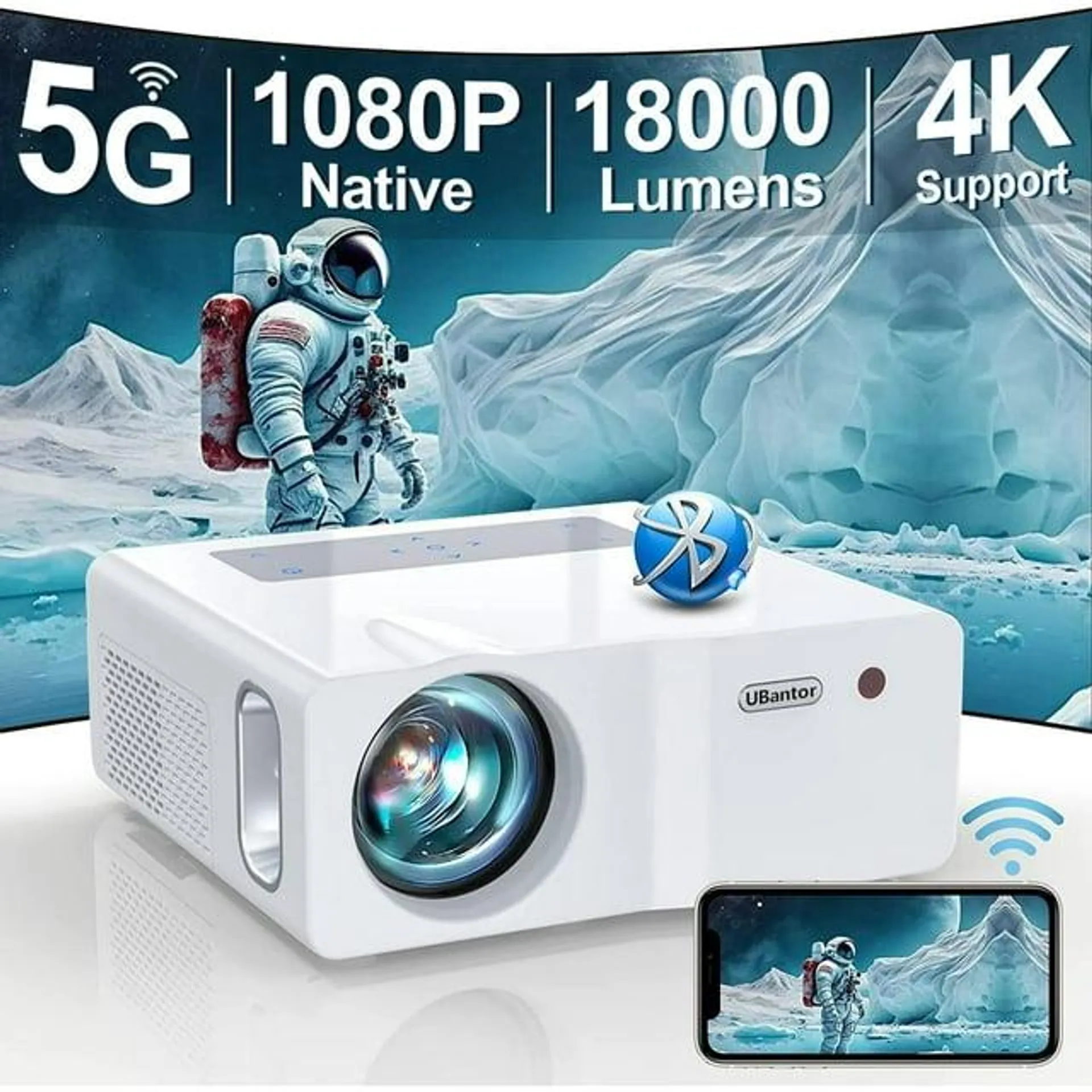 HD 1080P 5G WiFi Bluetooth Projector, LCD Technology 450" Display, 18000LM 4K Support Projector for Outdoor Movies, Home Theather Projector