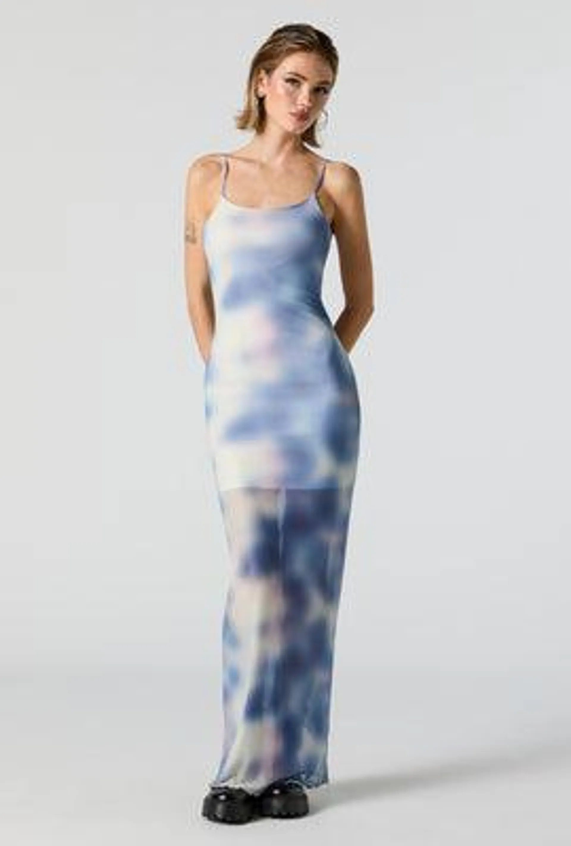 Blue Printed Mesh Sleeveless Maxi Dress