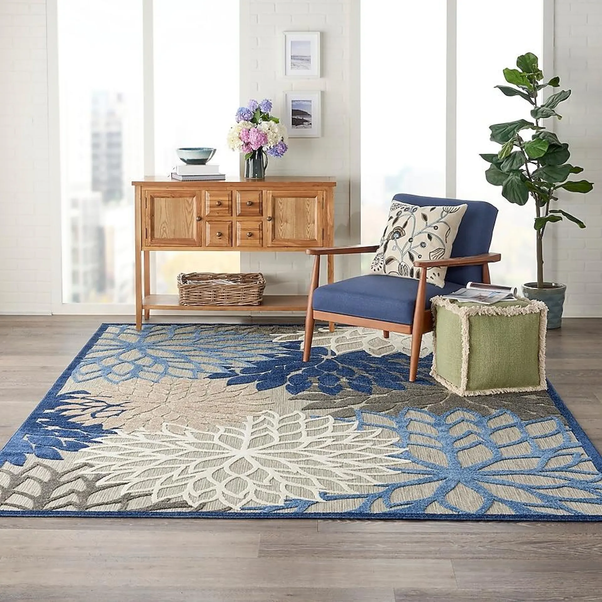 Nourison Aloha 8 X 11 (ft) Blue Indoor/Outdoor Floral/Botanical Farmhouse/Cottage Area Rug