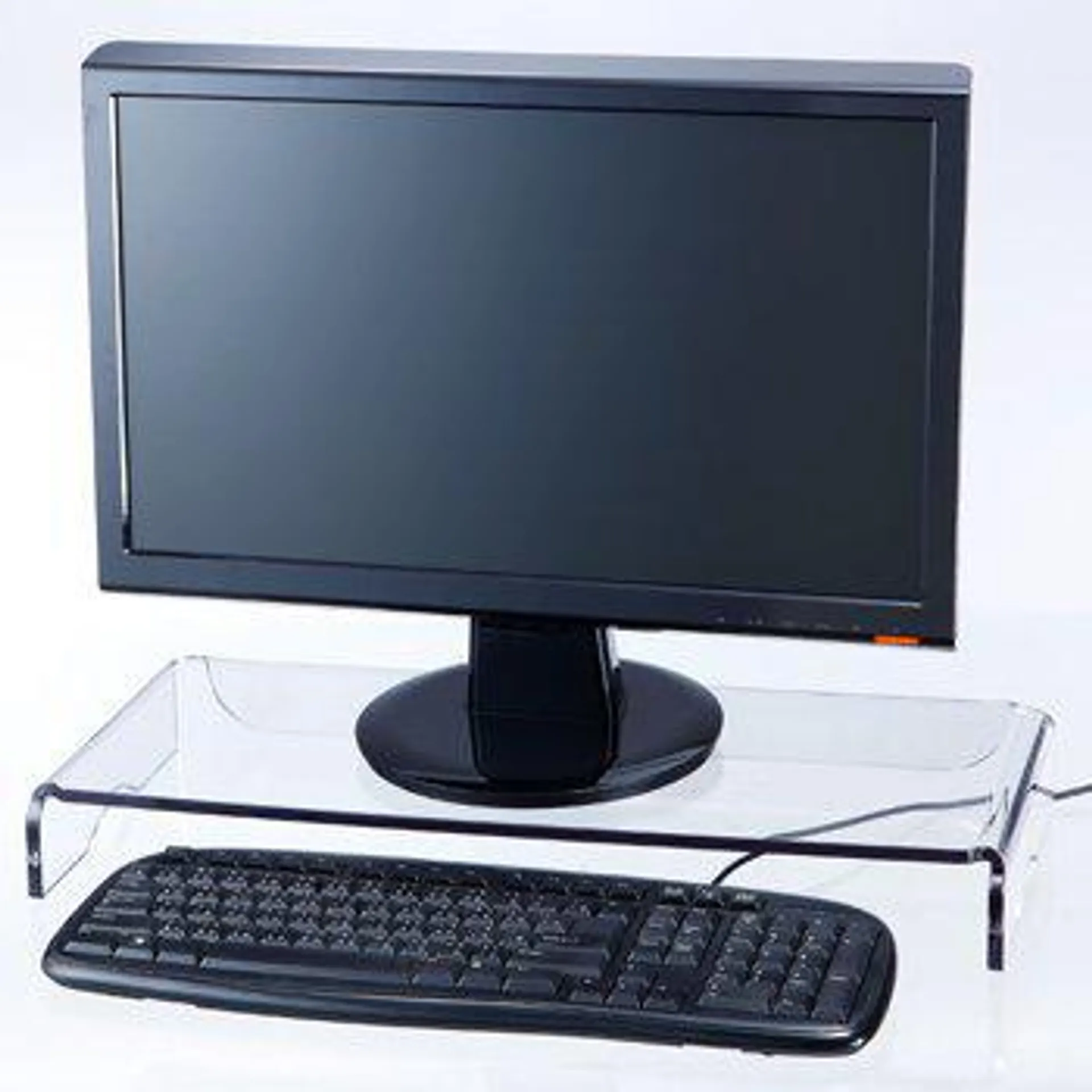 accurate films heavy duty clear acrylic monitor stand with keyboard storage